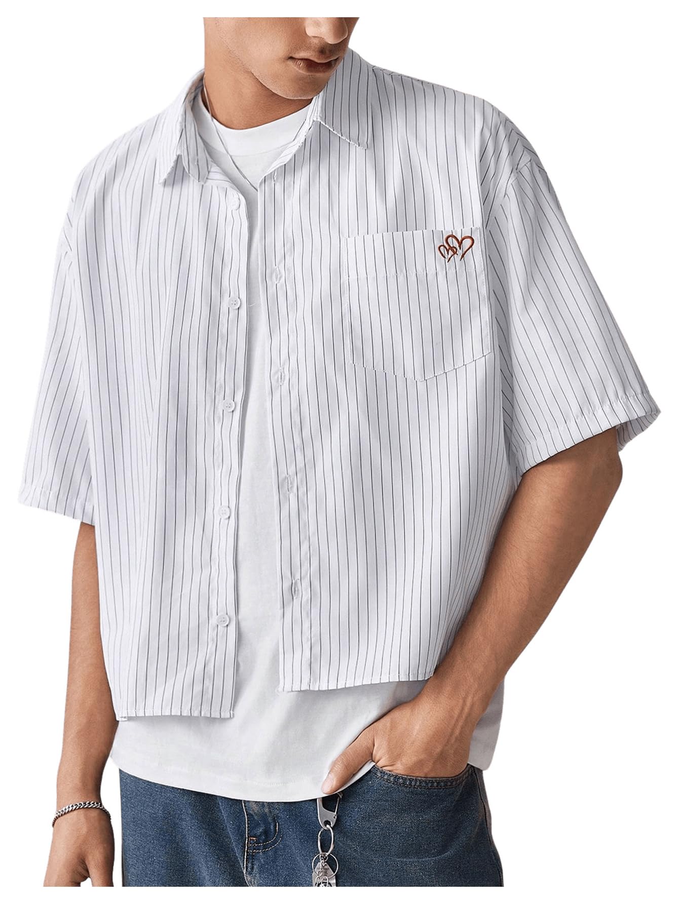 SweatyRocks Men's Striped Button Down Shirt Short Sleeve Collared Loose Fit Crop Shirt with Pocket White X-Small