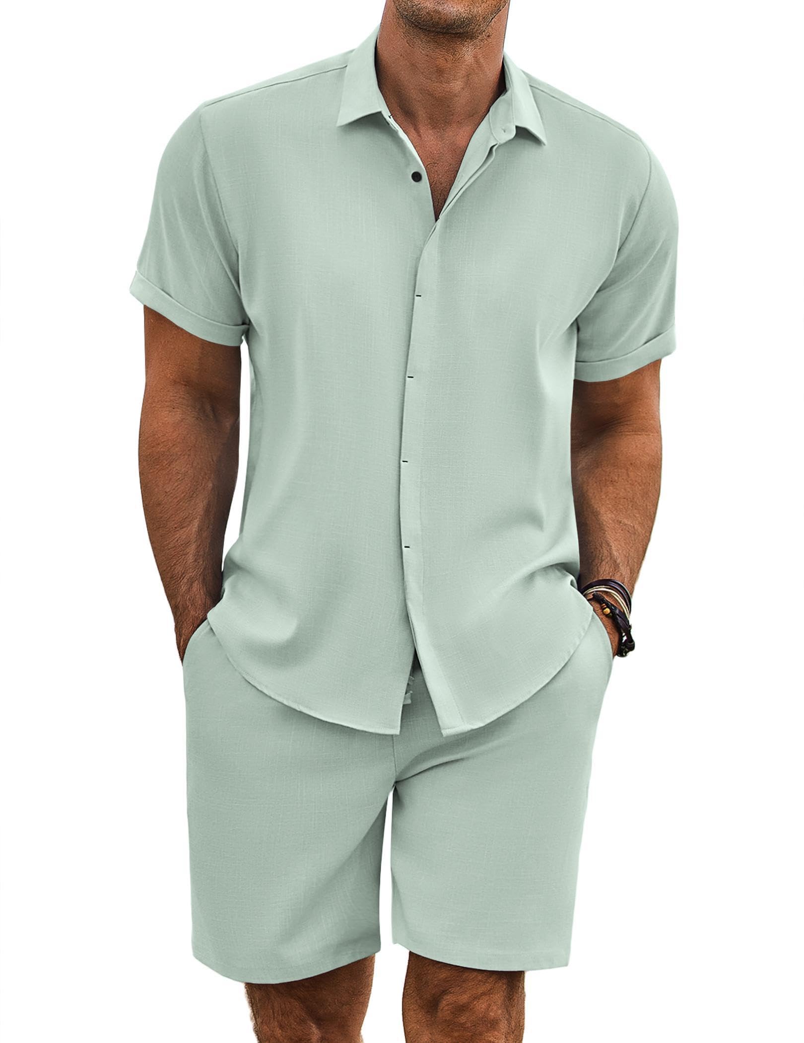 COOFANDY Mens Linen Set Beach Clothes for Men Summer Outfits, Light Green, X-Large