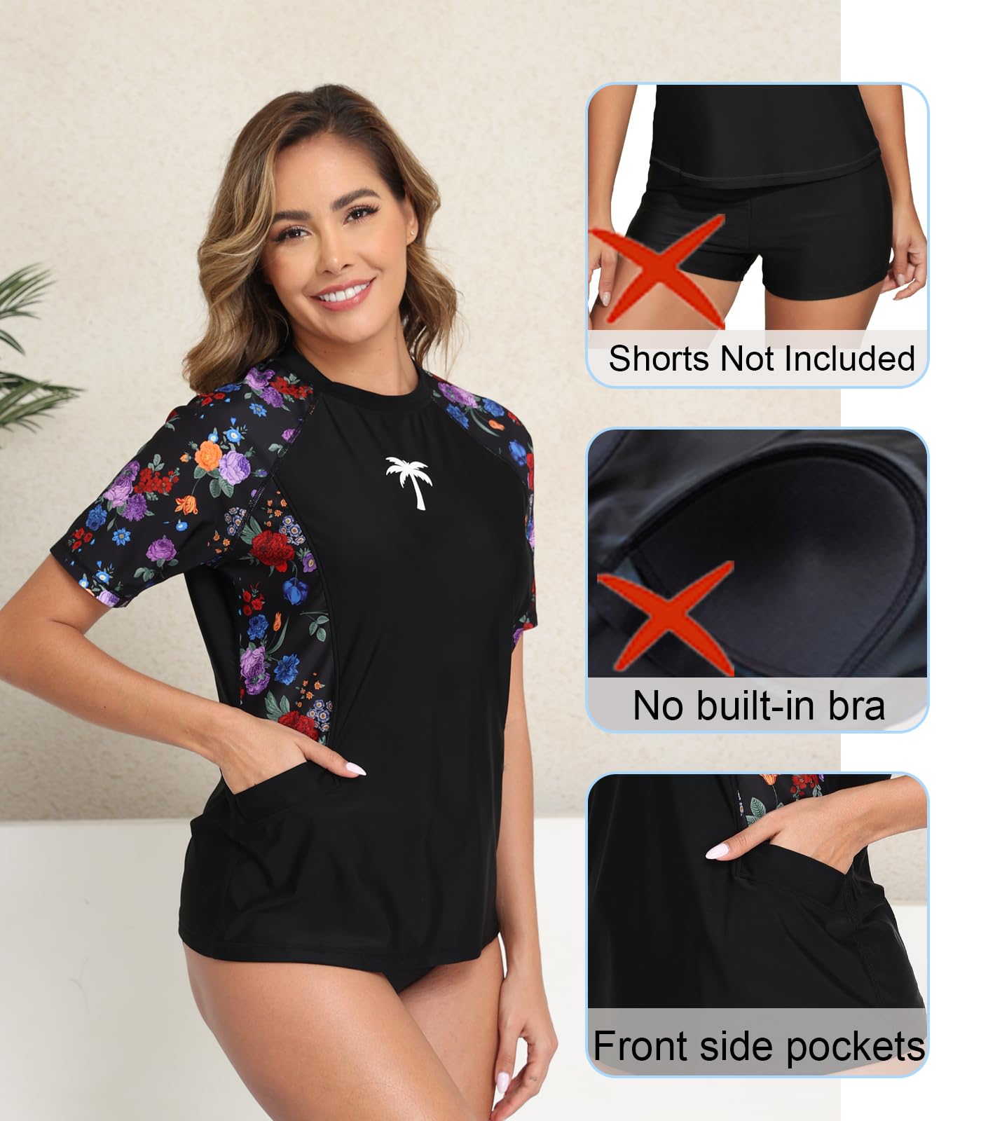 Halcurt Women's Short Sleeve Rash Guard Swimsuit Top with Pocket Swim Shirt Only UPF50+ Quick Dry Bathing Suit Floral M