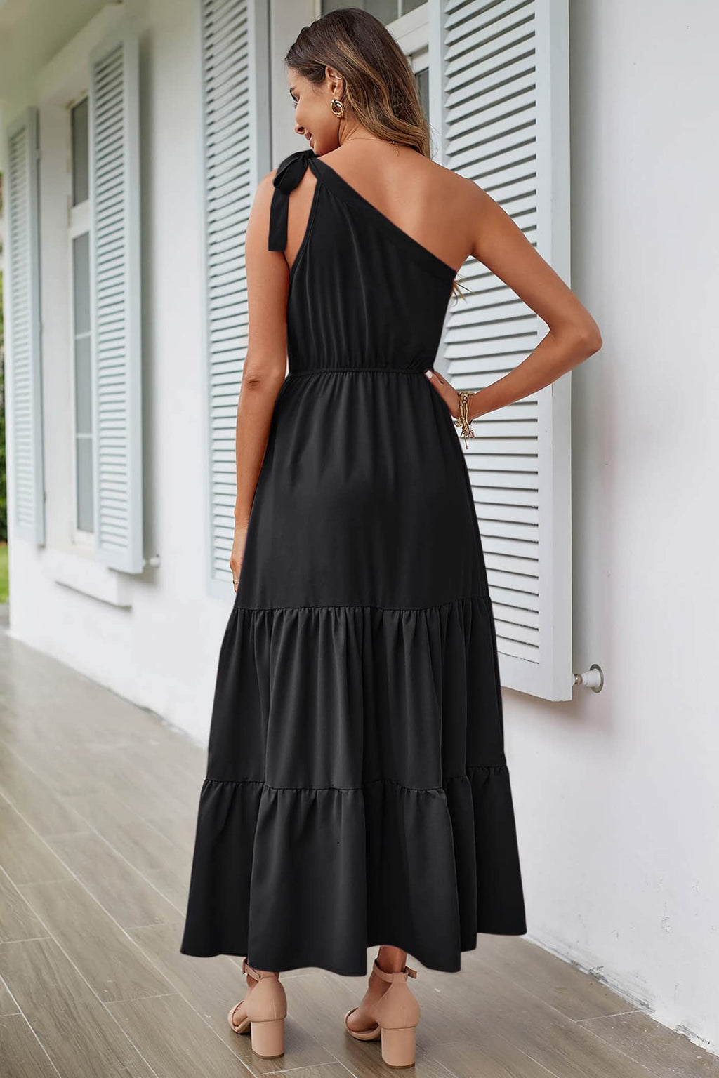 PRETTYGARDEN Women's Summer Floral Maxi Dress Knot One Shoulder Sleeveless Ruffle Flowy Boho Beach Wedding Guest Dresses (Solid Black,XX-Large)