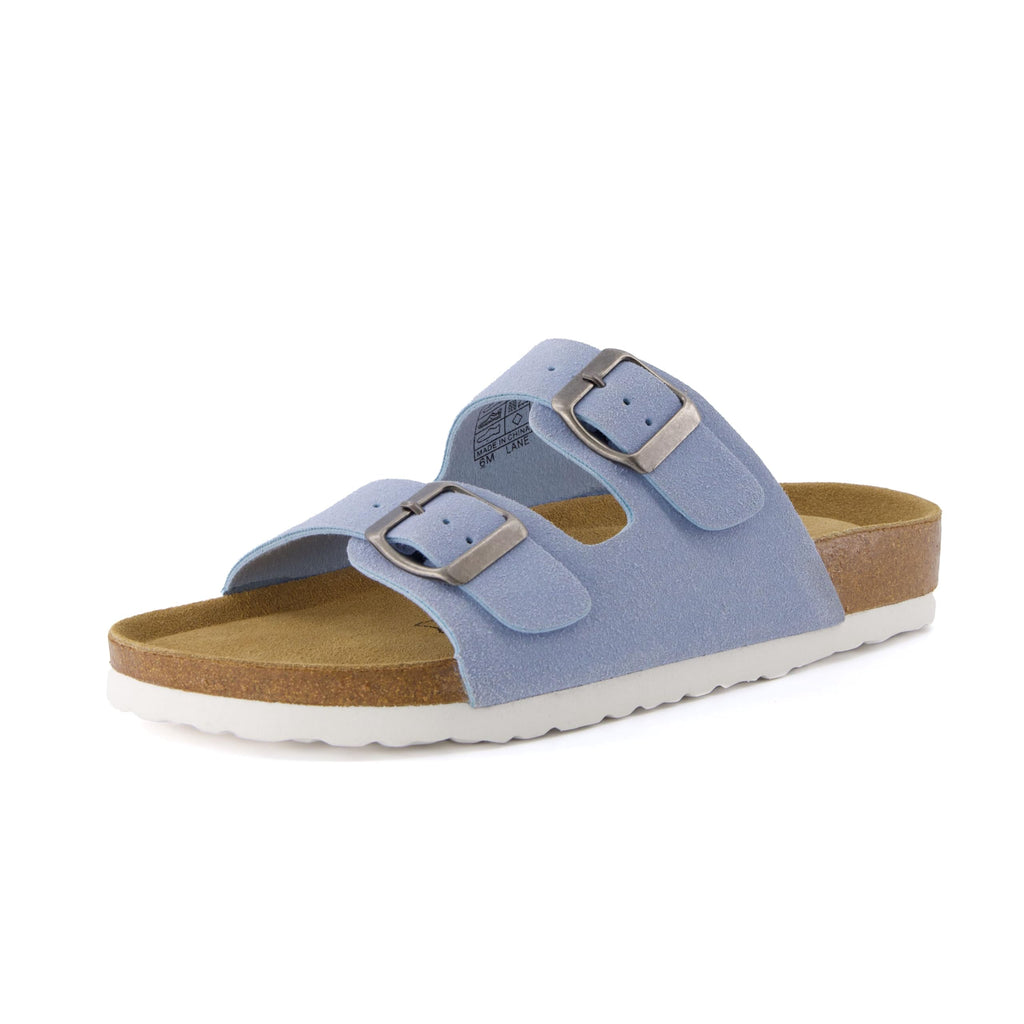 CUSHIONAIRE Lane Cork Footbed Womens Sandals Comfortable Double Buckle Slip On Sandals for Women with Arch Support and Classic Two Strap Design, BLUE 11