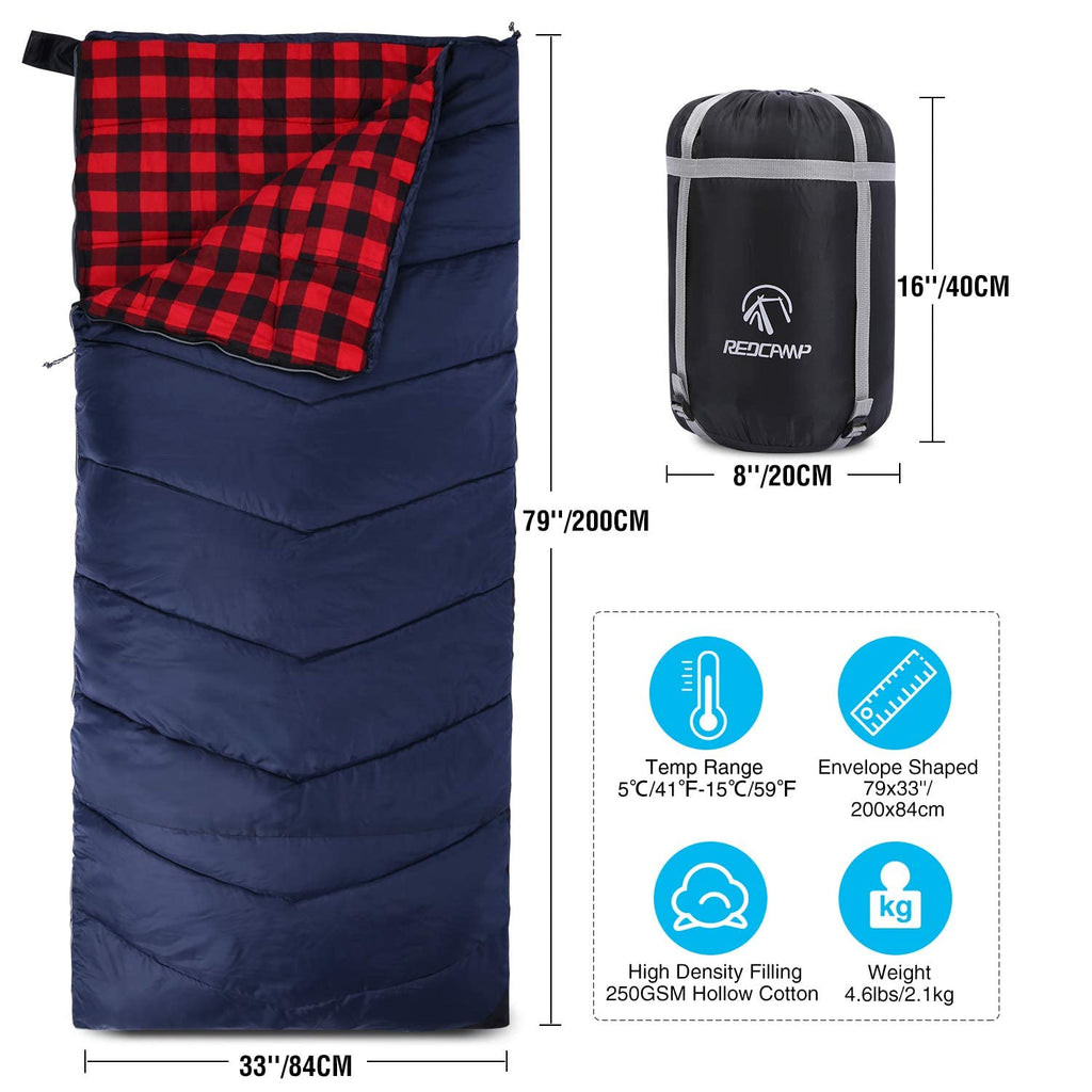 REDCAMP Cotton Flannel Sleeping Bag for Adults, Envelope Sleeping Bag with Compression Sack, XL 32/41/50F Soft Comfortable,Red Plaid 2lbs(79"x33")