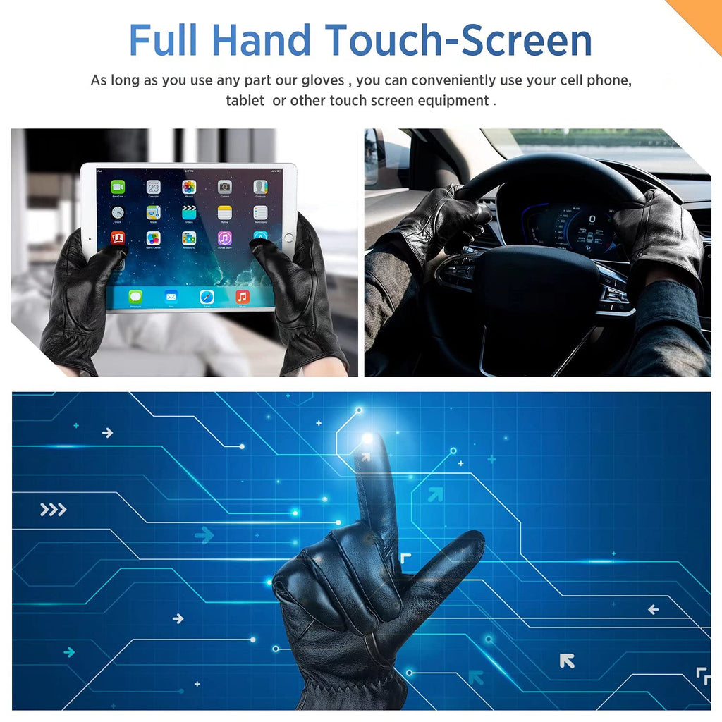 Alepo Genuine Sheepskin Leather Gloves For Men, Winter Warm Touchscreen Texting Cashmere Lined Driving Motorcycle Gloves (Black-L)