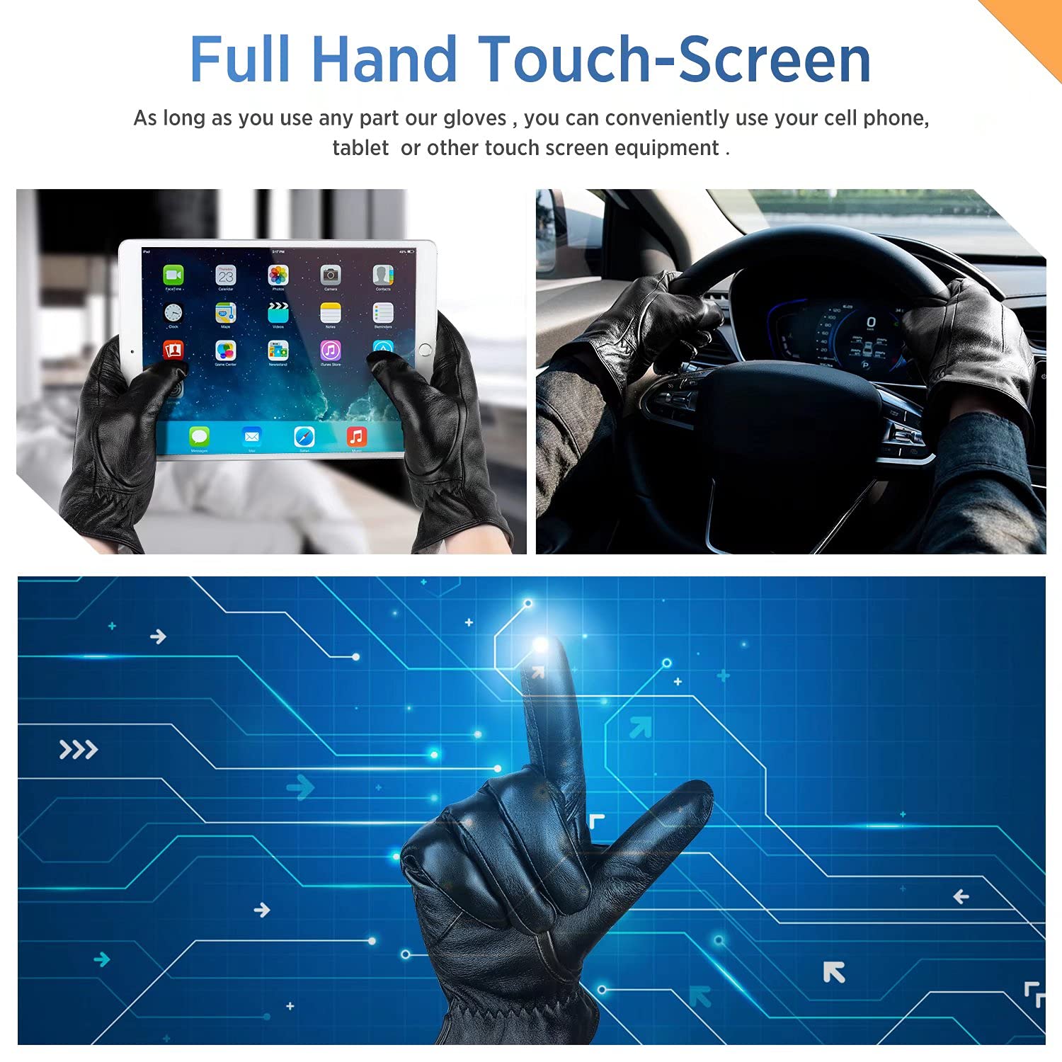 Alepo Genuine Sheepskin Leather Gloves For Men, Winter Warm Touchscreen Texting Cashmere Lined Driving Motorcycle Gloves (Black-L)