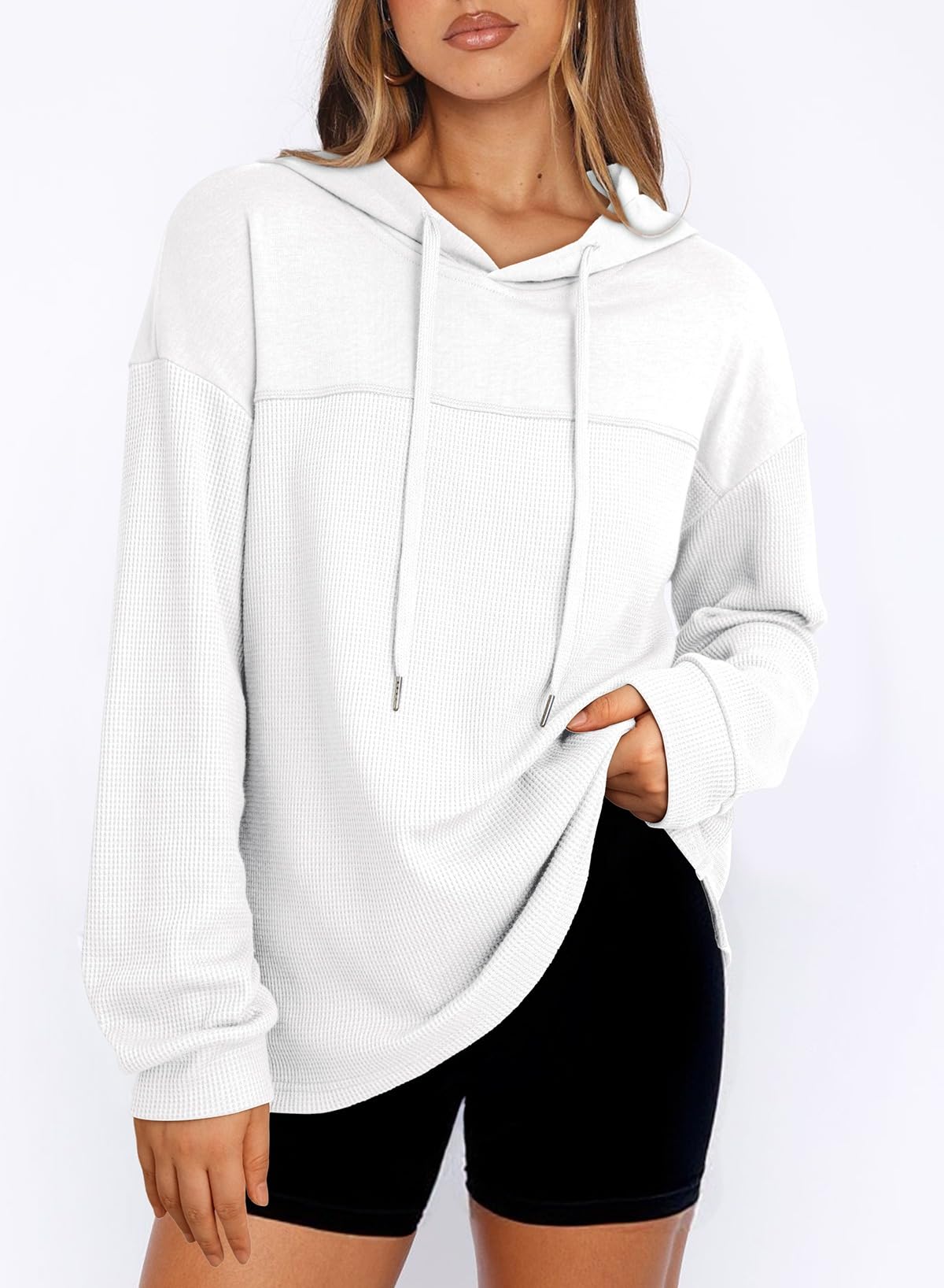 Dokotoo Hoodies for Women Casual Long Sleeve Waffle Knit Pullover Sweatshirt Womens Fall Fashion Lightweight Drawstring Hooded Tops Sweaters Solid White Medium