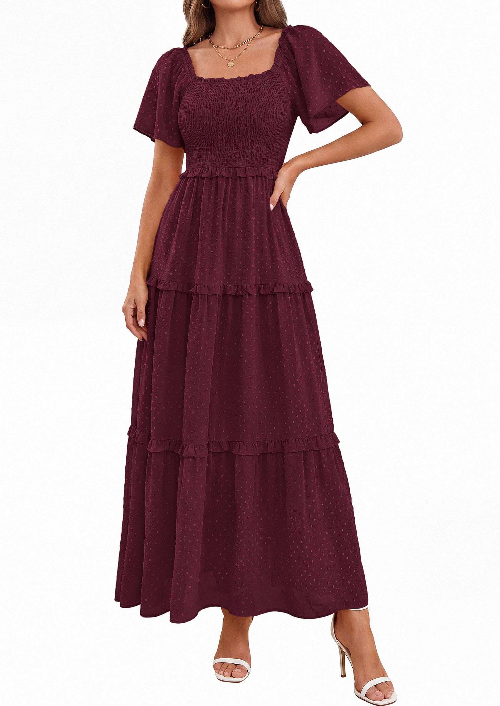 PRETTYGARDEN Summer Dresses for Women 2026 Boho Maxi Smocked Spring Wedding Guest Square Neck Short Sleeve Swiss Dot Dress (Wine Red,X-Large)