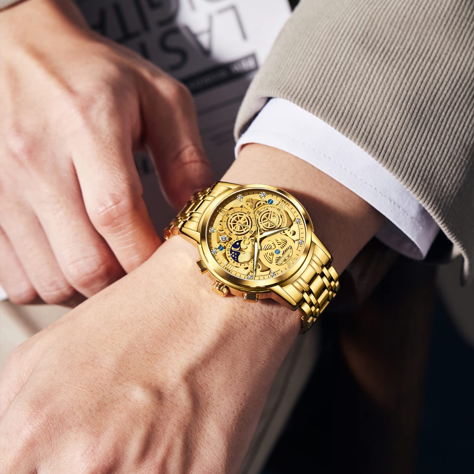 OLEVS Gold Watches for Men Stainless Steel Luxury Diamond Watch Chronograph Multifunction Business Mens Gold Watch with Date Mens Classic Dress Casual Watches Waterproof Sport reloj de hombre Gift for Men