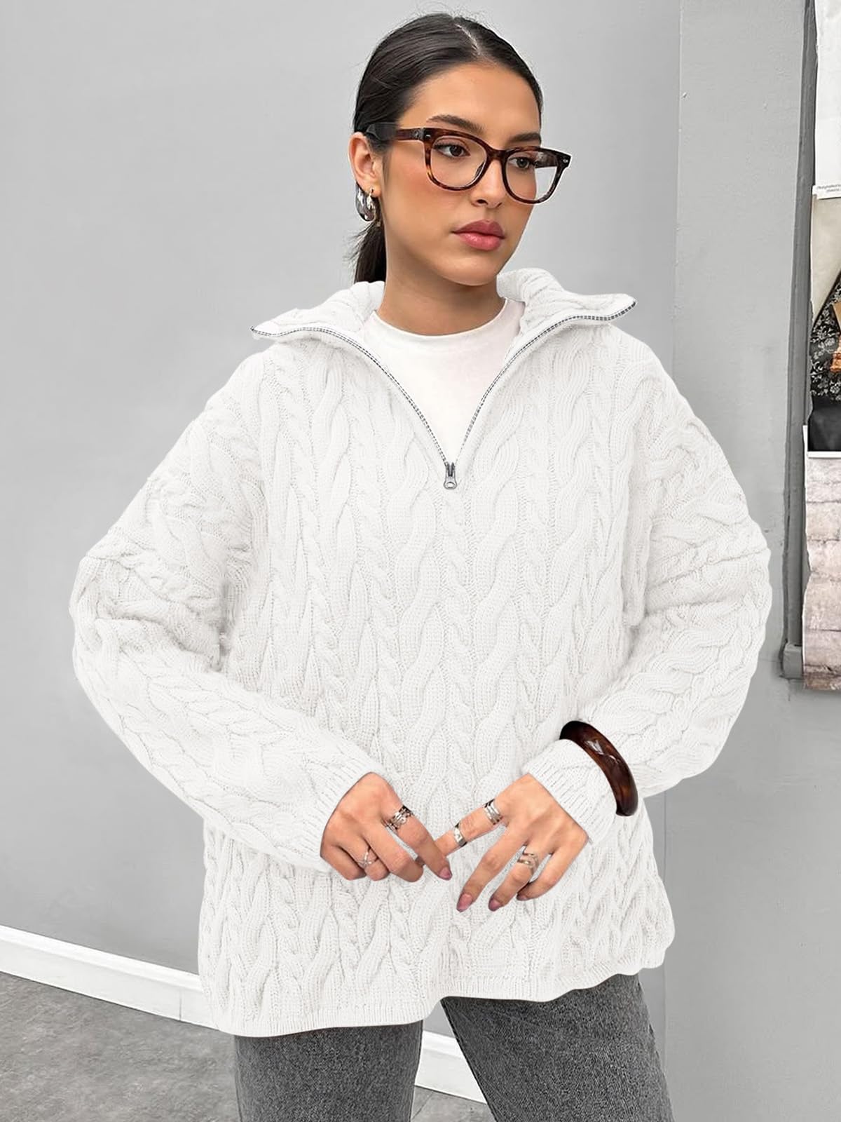 PRETTYGARDEN Womens Spring Sweaters 2026 Long Sleeve Quarter Zip Pullover Sweater Casual Loose V Neck Cable Knit Jumper Tops (White, Large)