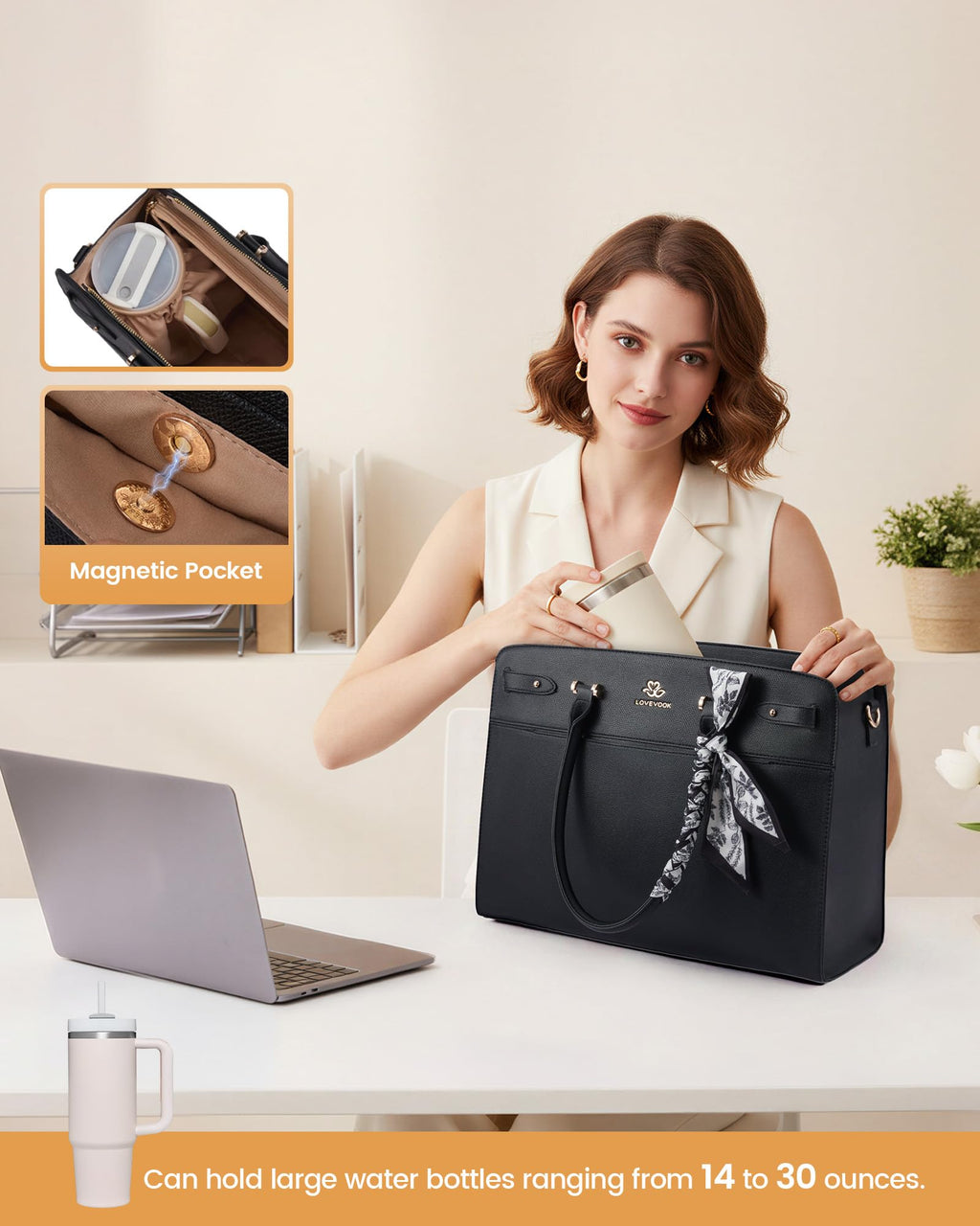 LOVEVOOK Laptop Tote Bag for Women, 15.6 Inch PU Leather Work Bag Waterproof Computer Briefcase Handbag for Teacher Business Office with Silk Scarf, Black
