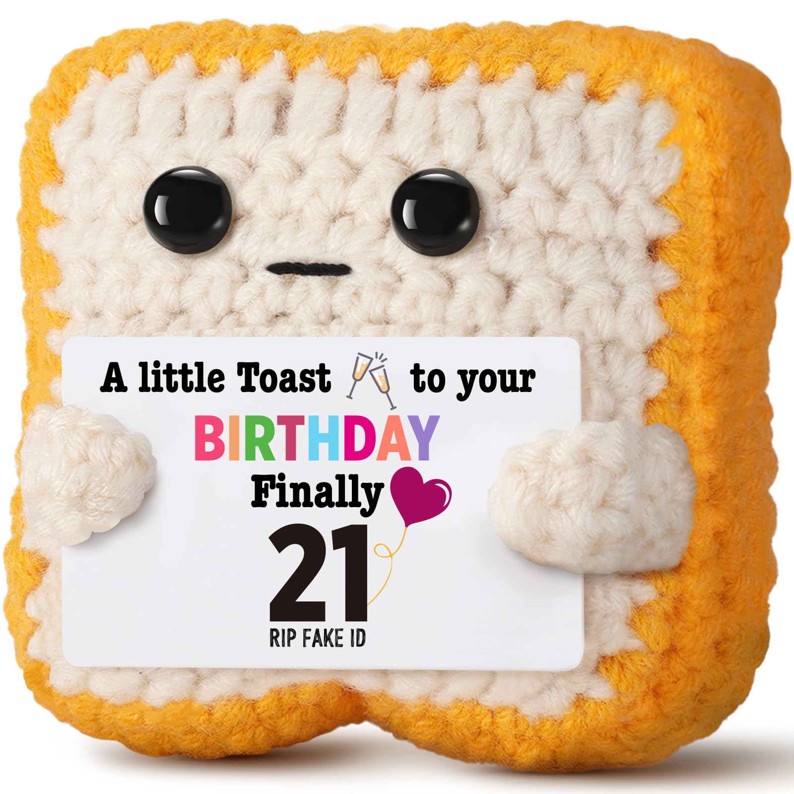 Ovrrcame Finally 21" Funny 21st Birthday Gifts for Her & Him - Crochet Toast with RlP Fake ID Gag Message - Unique Bar Cart Decor & Keepsake for Daughter, Son, Friend