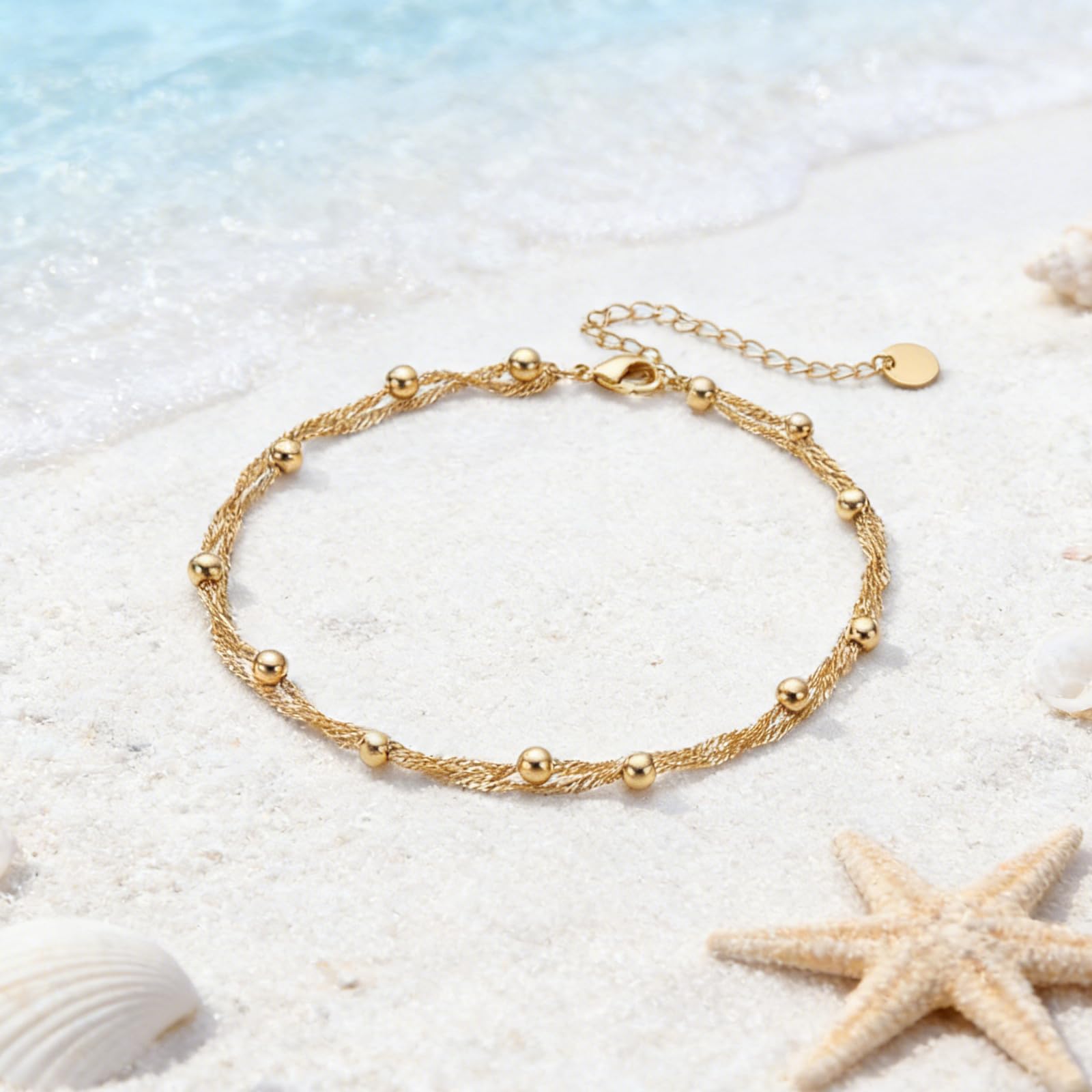 Midari 18K Yellow Gold Plating Bracelet for Women Double-Layer Twisted Cuban Link Layered Anklet Bracelet Adjustable Size 9.5"+2''