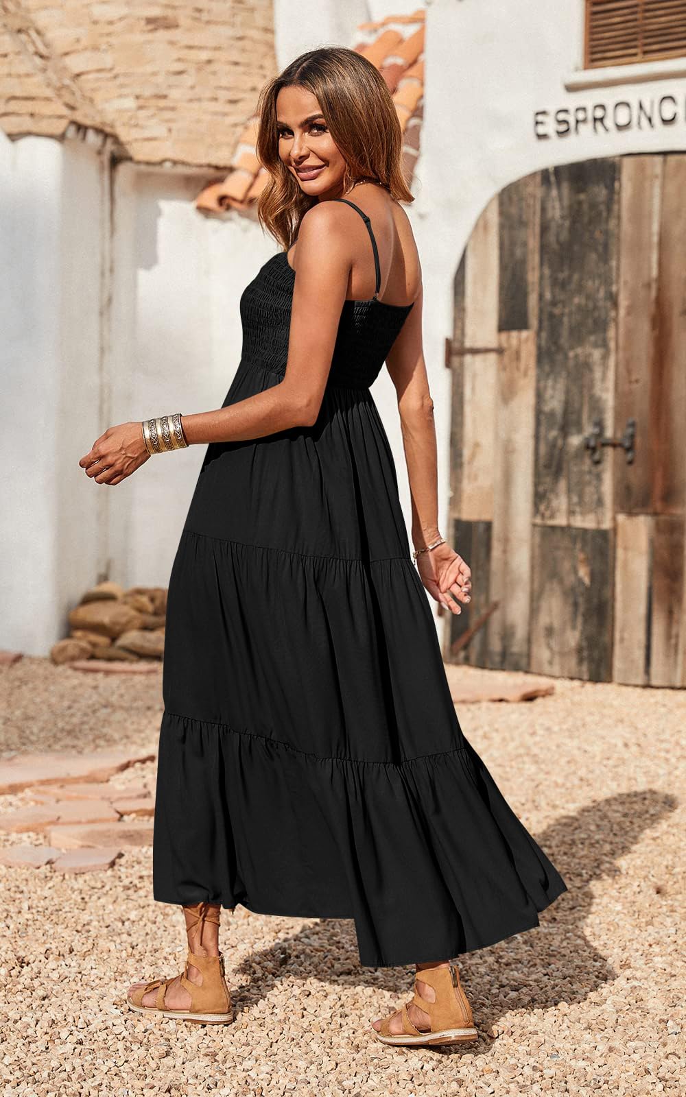 PRETTYGARDEN Women's Summer Maxi Dress 2026 Casual Boho Sleeveless Spaghetti Strap Smocked Tiered Long Beach Vacation Sundresses (Black,S)