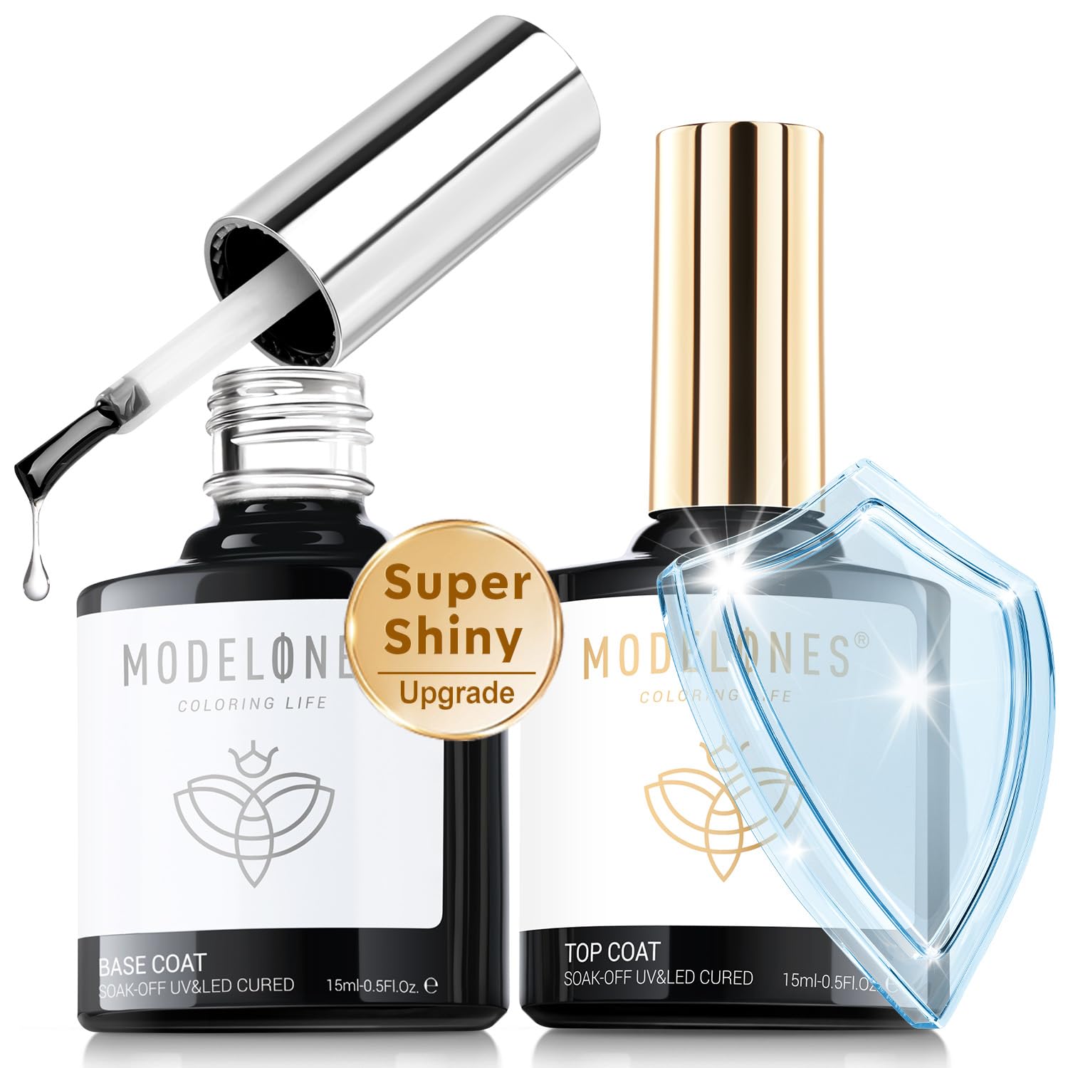 modelones Gel Top Coat, 15 ml 2026 Upgrade Super Shiny Base and Top Coat Set, Soak Off Nail Lamp Acid Free No Wipe Clear Base Top Gel Nail Polish