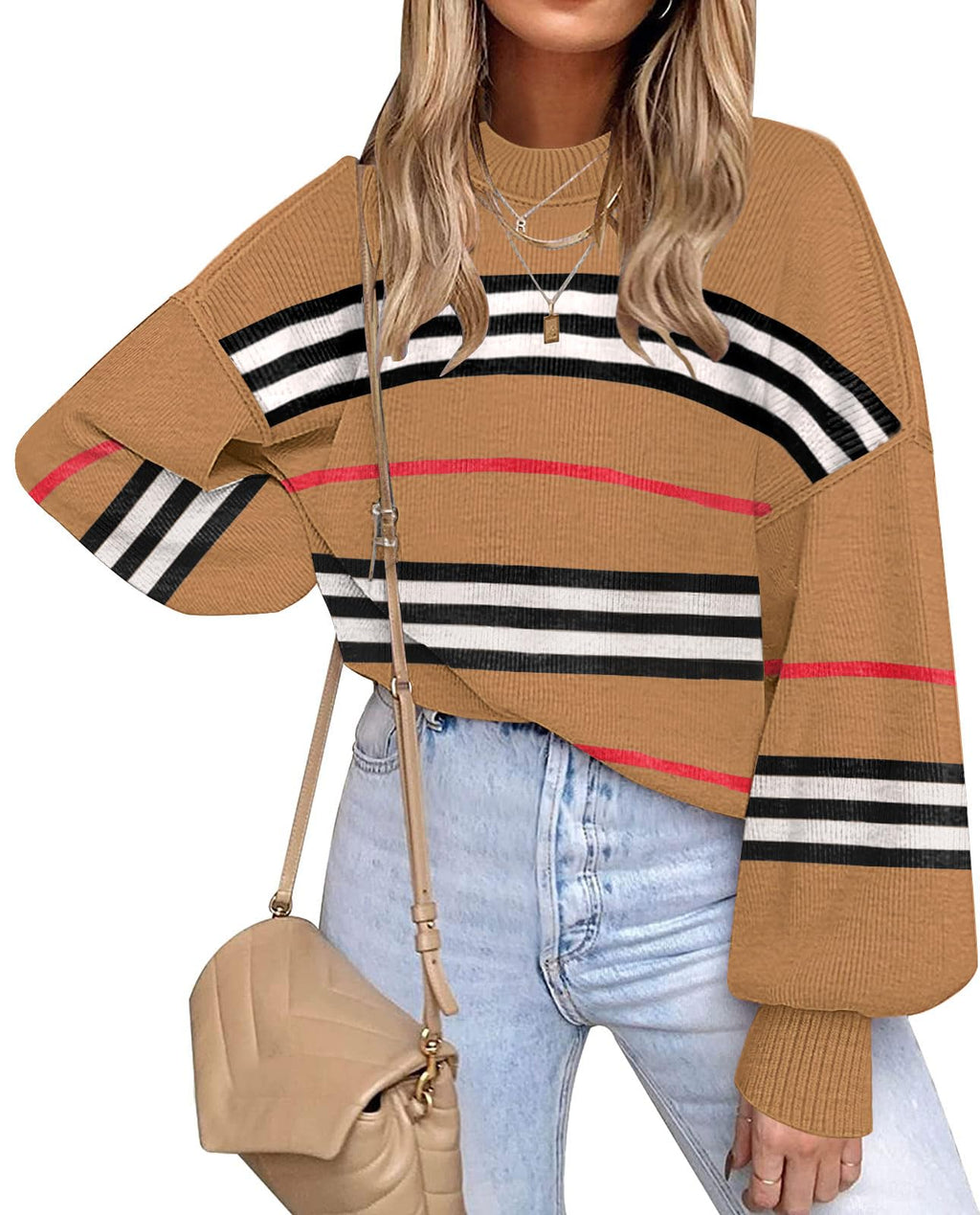 ETCYY Womens Sweaters Fall 2026 Batwing Long Sleeve Side Slit Knit Tops Crew Neck Striped Oversized Sweater Pullover,A Color Brown,Medium