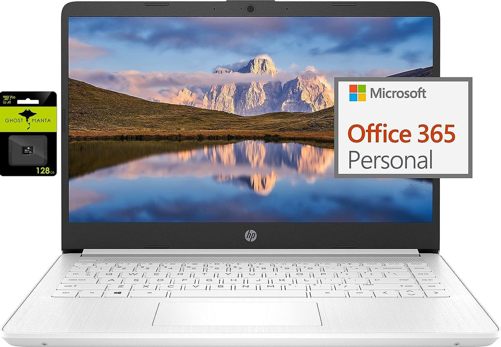 HP 14" Ultral Light Laptop for Students and Business, Intel Quad-Core, 8GB RAM, 192GB Storage(64GB eMMC+128GB Ghost Manta SD Card), 1 Year Office 365, USB C, Win 11 S