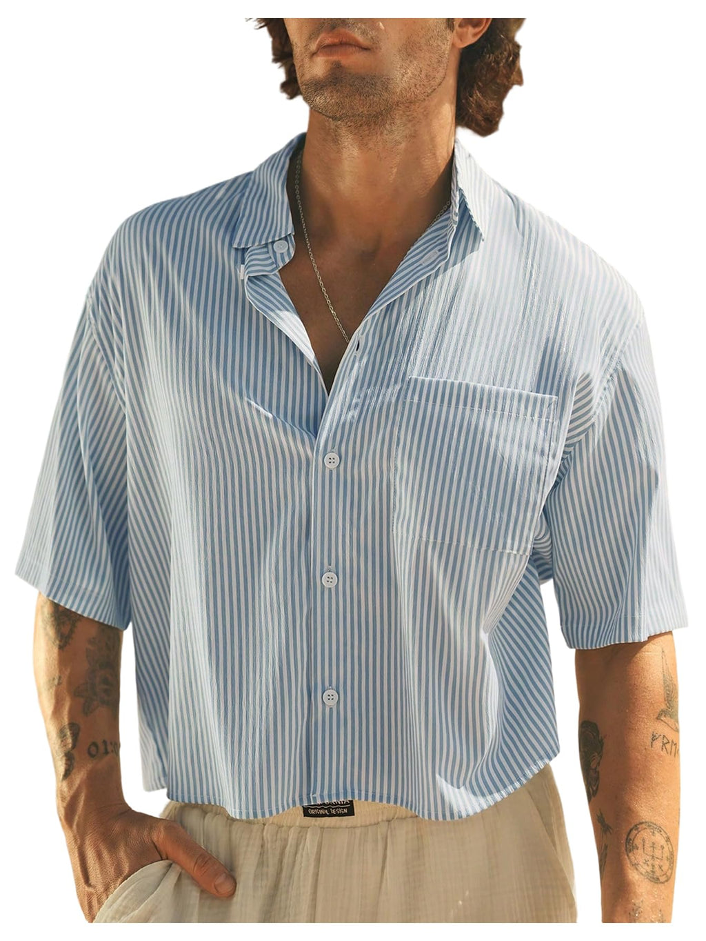 GORGLITTER Men's Cropped Button Up Shirts Striped Short Sleeve Crop Tops Summer Vacation Cruise Outfits Black and White Small
