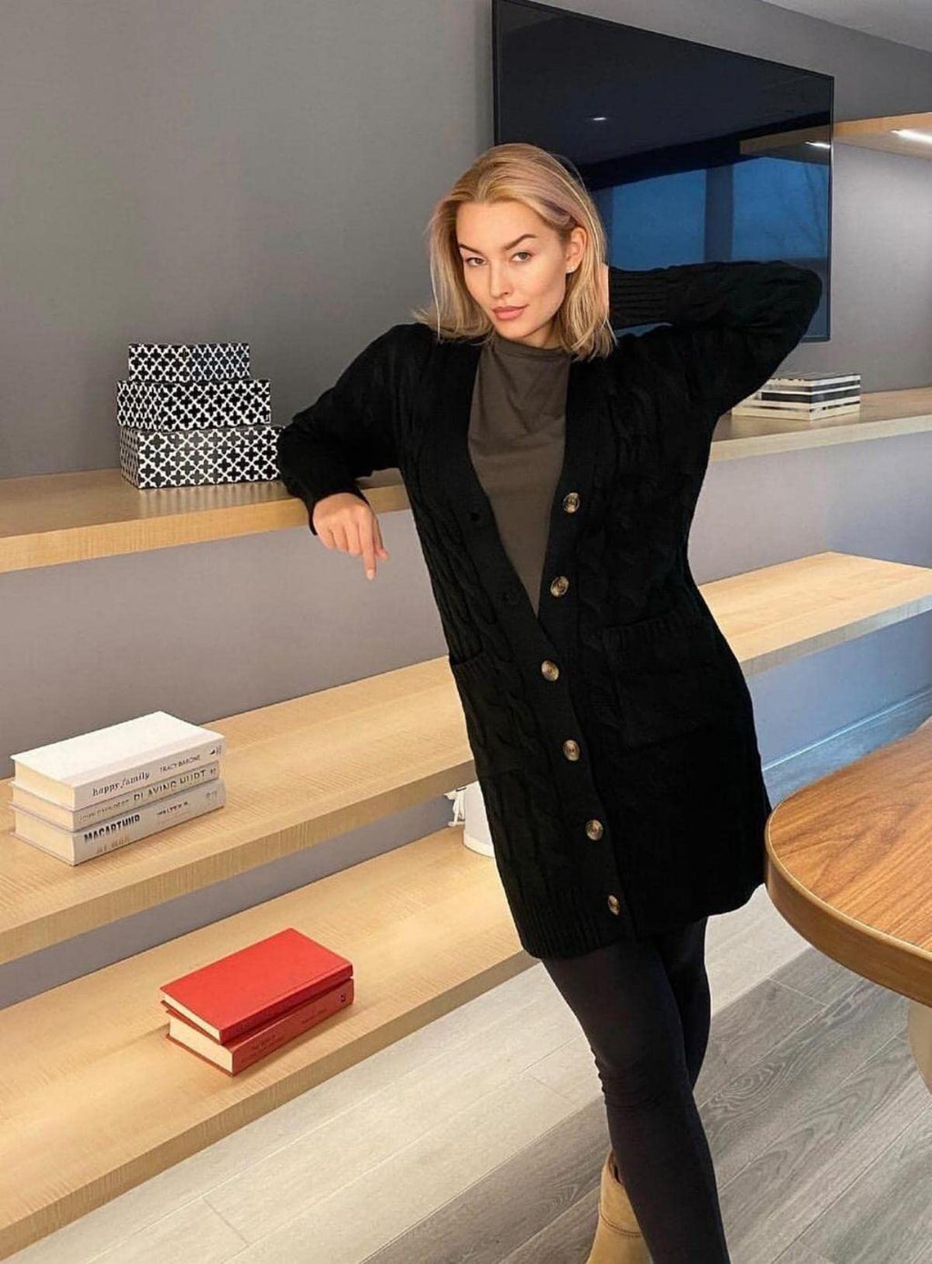 PRETTYGARDEN Long Sleeve Cable Knit Long Cardigan for Women 2026 Spring Winter Chunky Open Front Button Sweaters with Pockets (Black, Small)