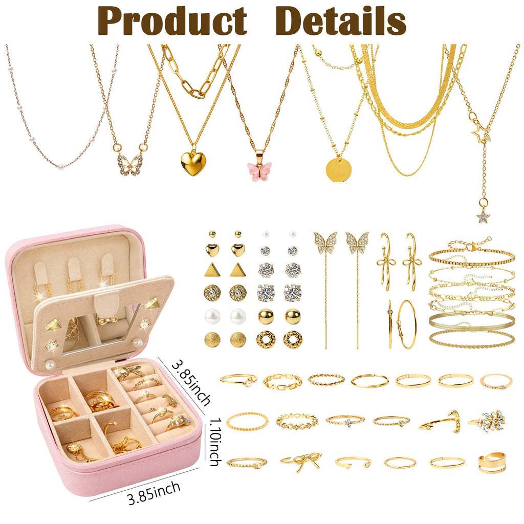SMUOBT Jewelry Box with Jewelry Set for Women Men - Multi-Layer Organizer Storage Case with Mirror, Necklace Bracelet Hoop/Stud Earrings Rings Gift Set for Her Him, Unique Birthday Party Gift
