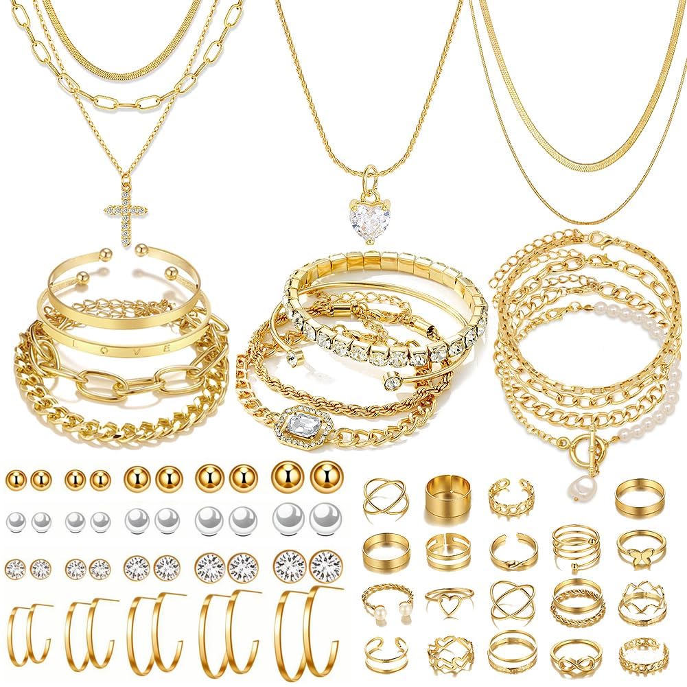 IFNODO 57pcs Gold Jewelry Set With 3 PCS Necklace, 12 PCS Bracelet,20pcs Hoop Stud Earrings,22pcs rings set For Women For Birthday Gifts (gold color-57)