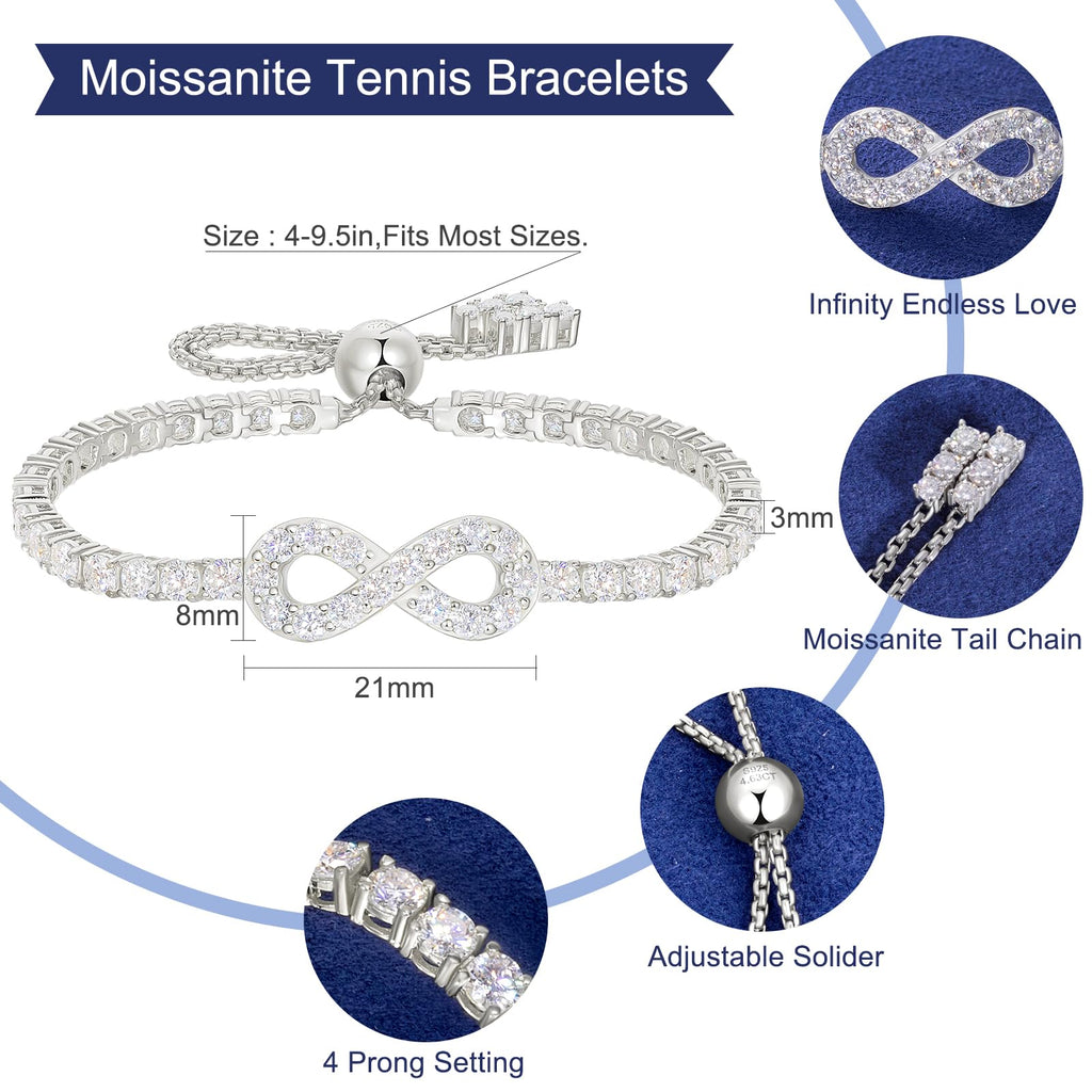 Moissanite Infinity Bracelet, Lab Created Diamond Bracelets for Women, S925 Sterling Silver, 3MM Width, 4-9.5inches, 18K Gold Vermeil Adjustable Tennis Bracelets - Mothers Day Gifts For Mom Wife Her