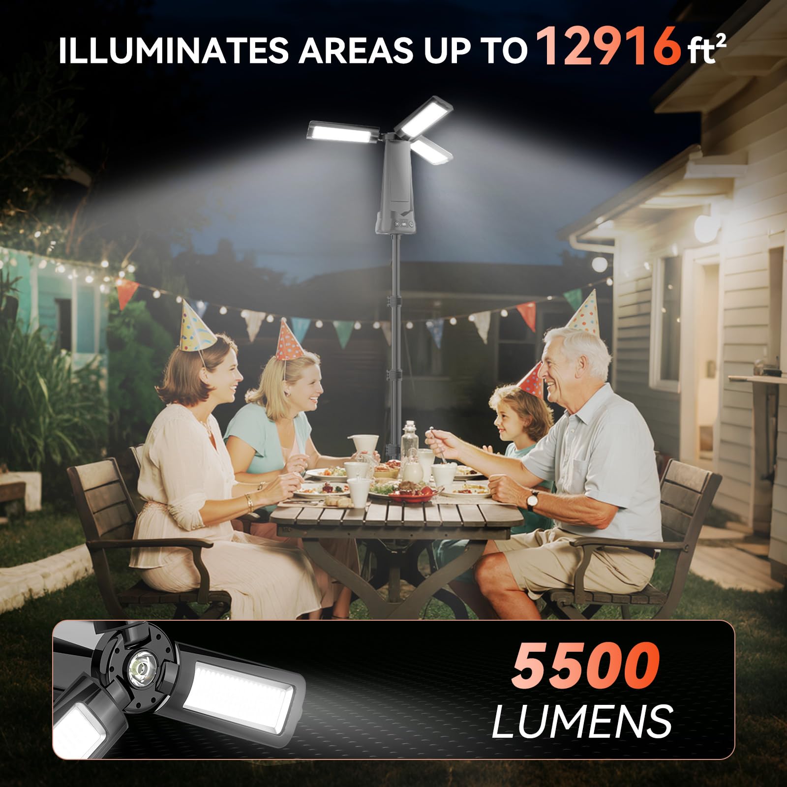AKOFUN 15000 mAh Rechargeable Camping Light with Stand, Cordless Work Light with 3 LED Lamp Heads, 5500 Lumens Dimmable Camping Essentials Gear Emergency Flashlight with 86" Detachable Tripod, Black