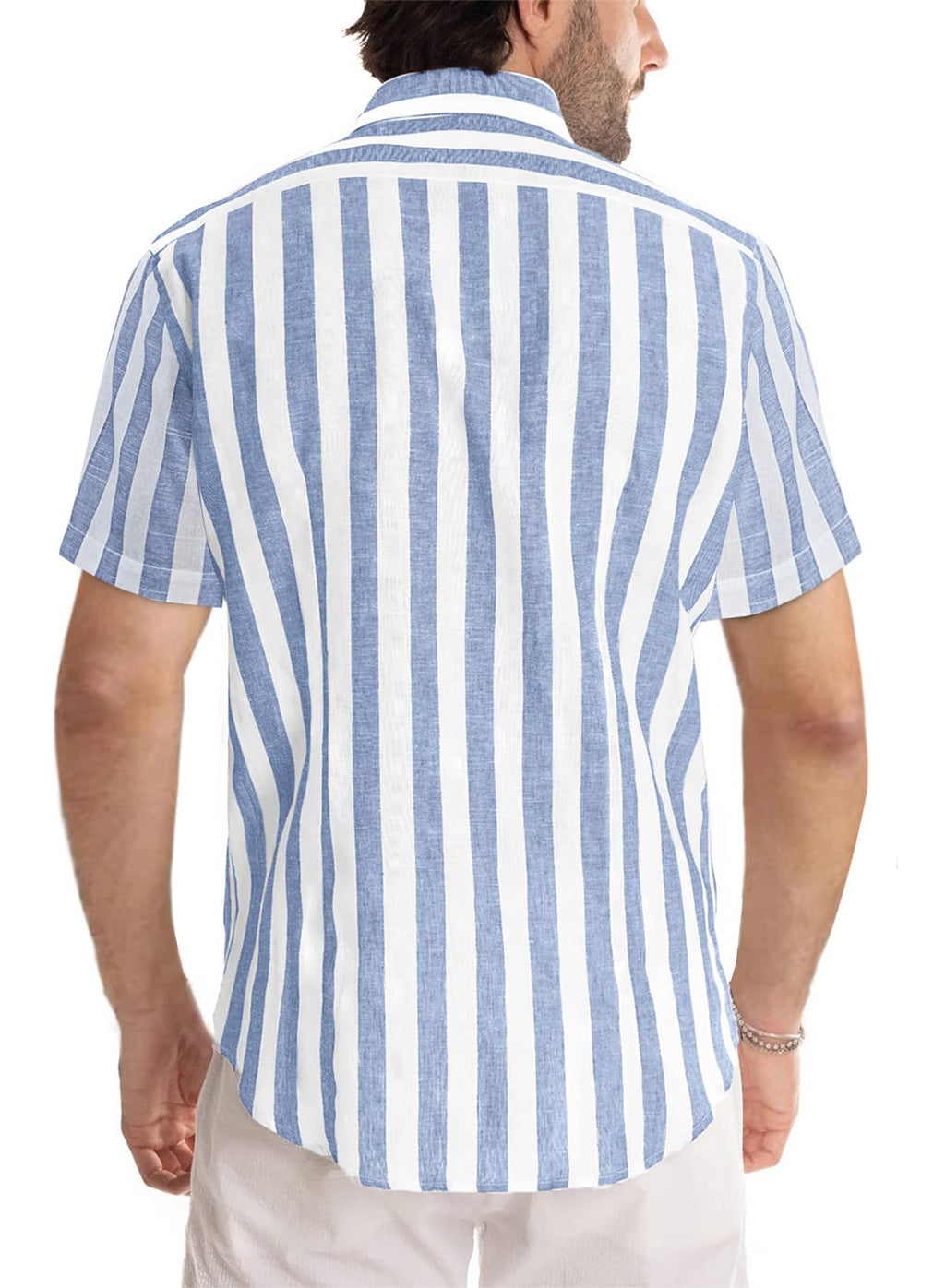 JMIERR Men's Summer Casual Stylish Short Sleeve Button-Down Shirts Cotton Linen Vertical Striped Business Dress Shirts Beach Shirt, L, Sky Blue