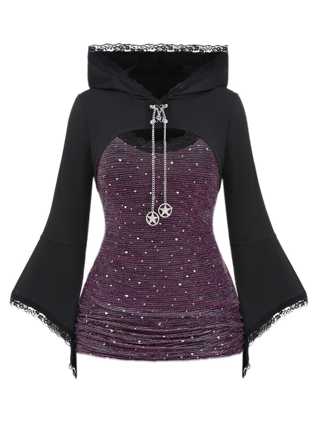 ROSE GAL Women Plus Size Gothic Punk Lace Panel Bell Sleeves Chains Hooded Strug and Textured Tank Top Set Moon Stars Flare Sleeves Gothic T-Shirt(Black_3/2X)
