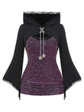 ROSE GAL Women Plus Size Gothic Punk Lace Panel Bell Sleeves Chains Hooded Strug and Textured Tank Top Set Moon Stars Flare Sleeves Gothic T-Shirt(Black_3/2X)