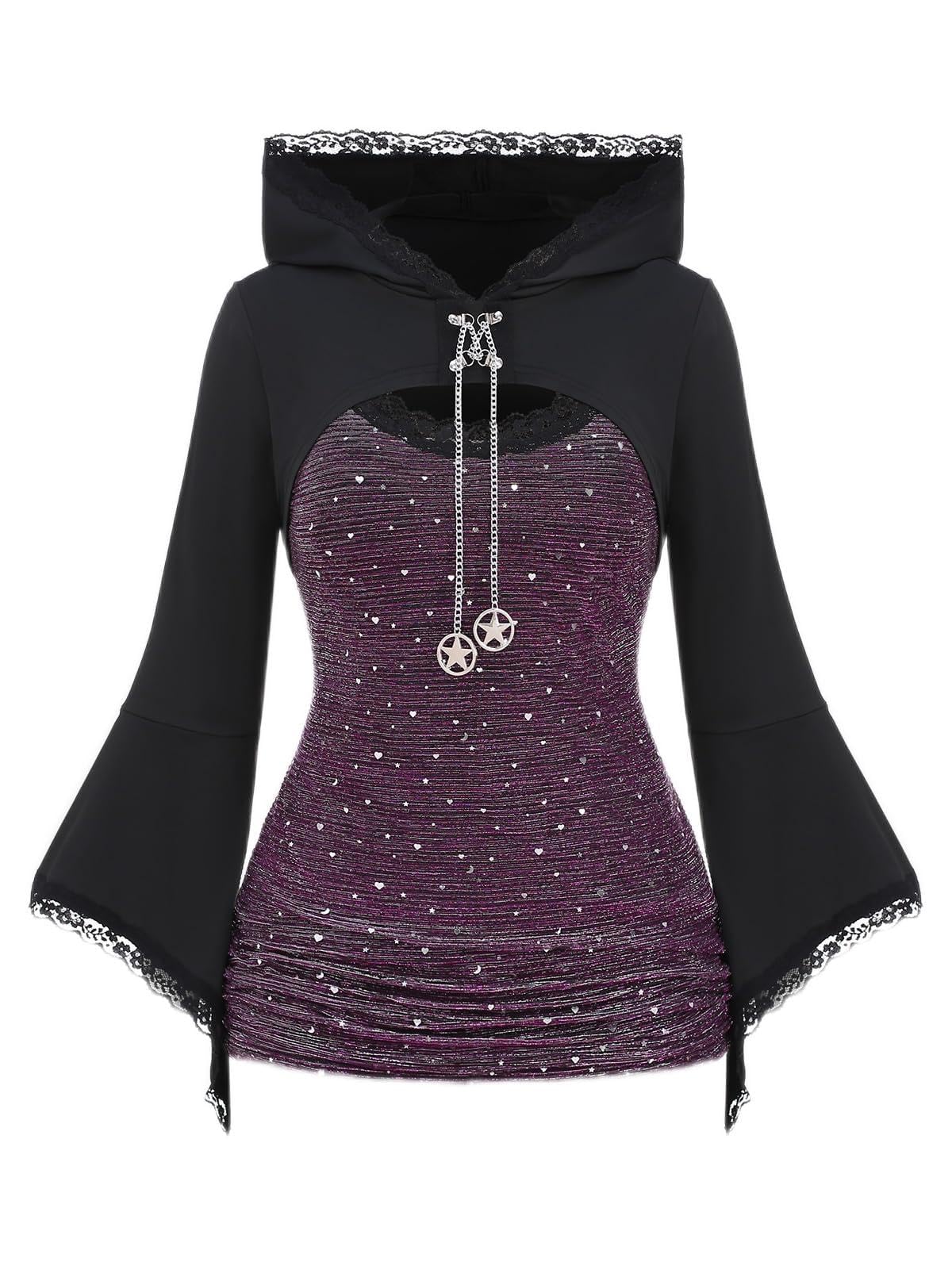 ROSE GAL Women Plus Size Gothic Punk Lace Panel Bell Sleeves Chains Hooded Strug and Textured Tank Top Set Moon Stars Flare Sleeves Gothic T-Shirt(Black_3/2X)