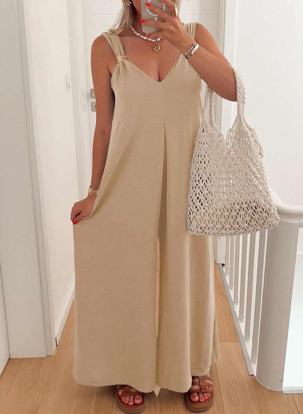 Acelitt Women's Casual 2026 One Piece Jumpsuits Dressy Fashion Spring V Neck Sleeveless Loose Wide Leg Long Pant Rompers Outfits Beige Large