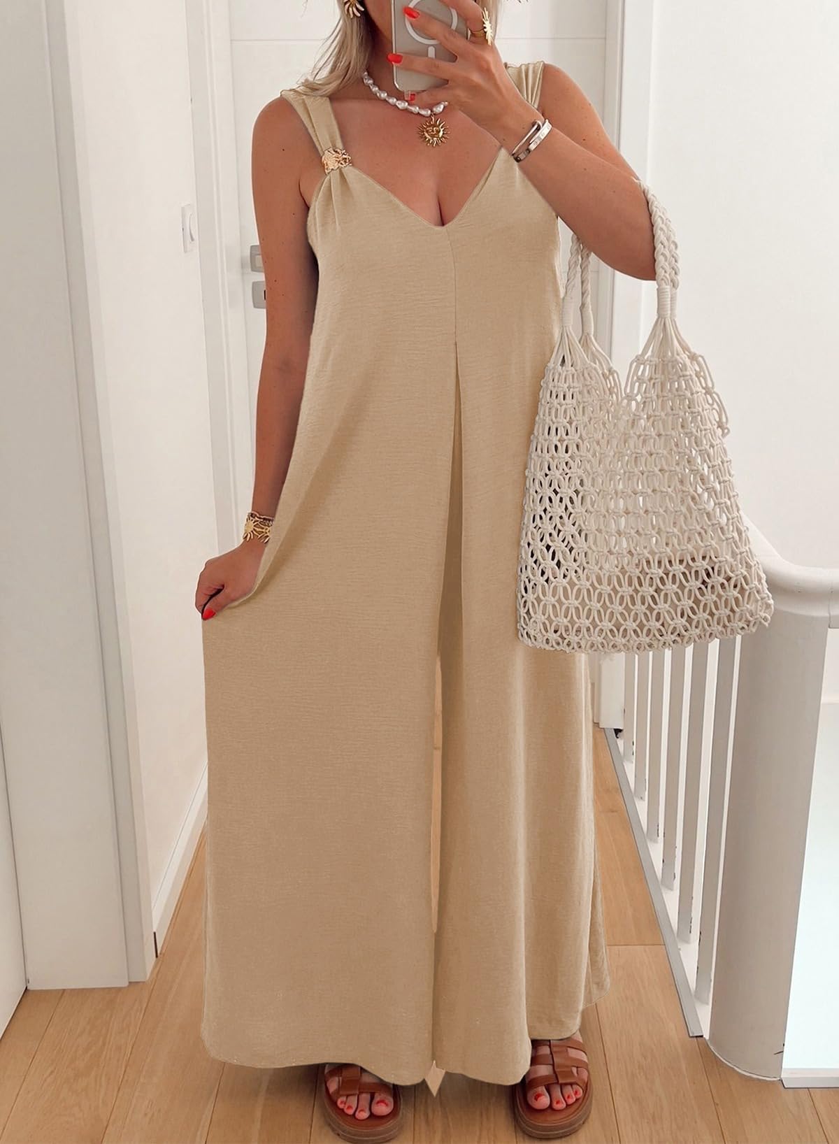 Acelitt Women's Casual 2026 One Piece Jumpsuits Dressy Fashion Spring V Neck Sleeveless Loose Wide Leg Long Pant Rompers Outfits Beige Large