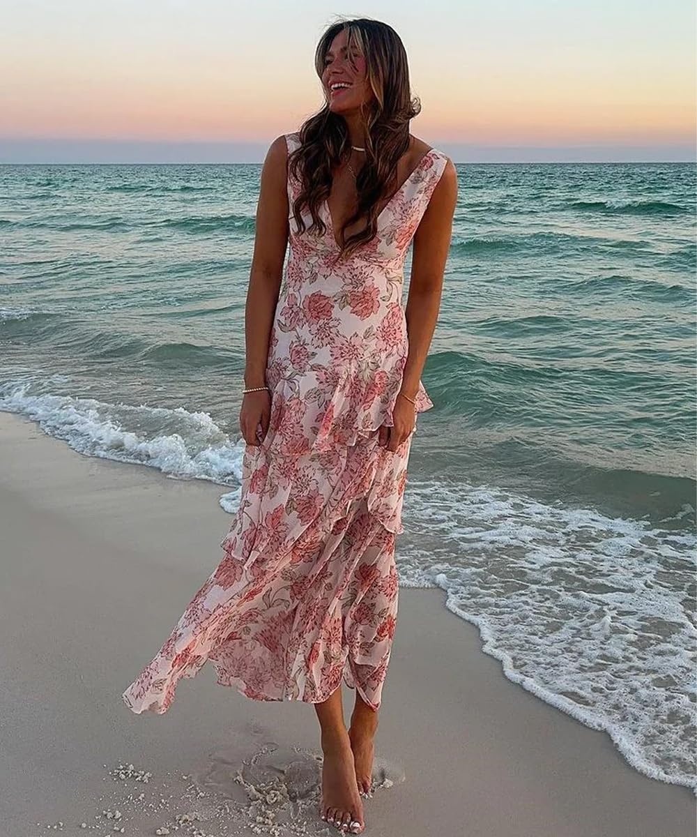 Women's Sexy Deep V Neck Maxi Dress Floral Backless Ruffles Hem Cocktail Party Long Dresses,Floral Apricot,S