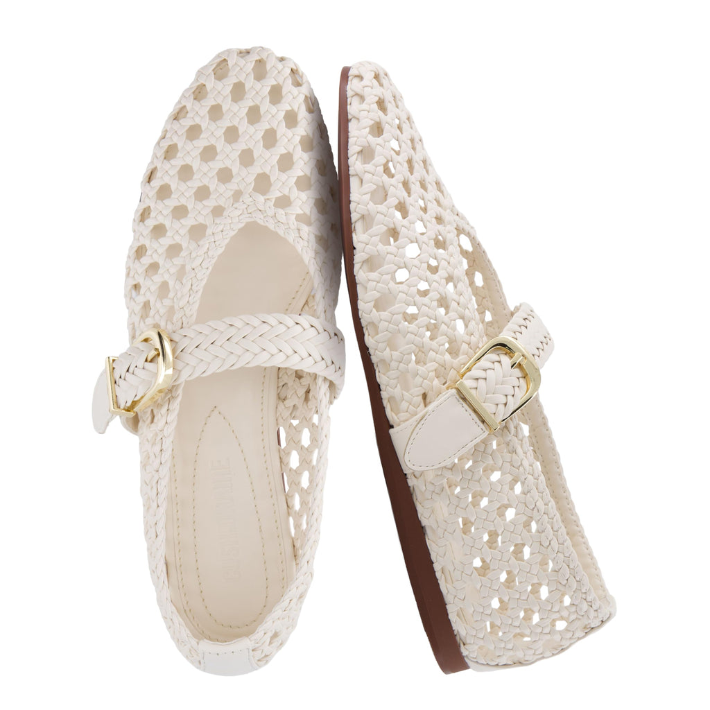 CUSHIONAIRE Wit Hand Woven Womens Flats, Comfortable Mary Jane Ballet Flat with Adjustable Buckle Braided Strap and Cushioned Memory Foam, CREAM 7W