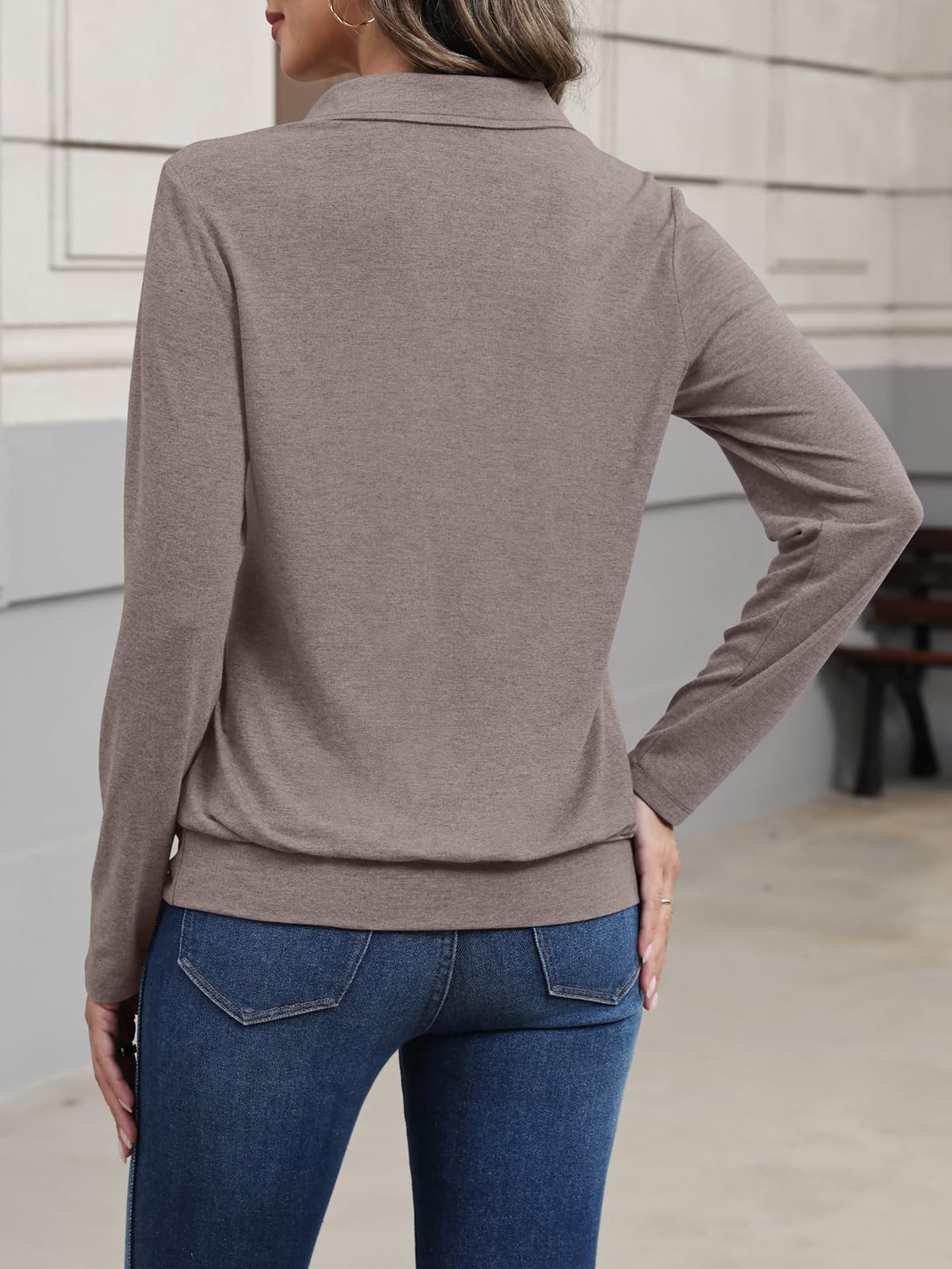 TICTICMISS Womens Polo Shirts Long Sleeve Banded Bottom Tops Business Casual Tops Collared V Neck Blouses