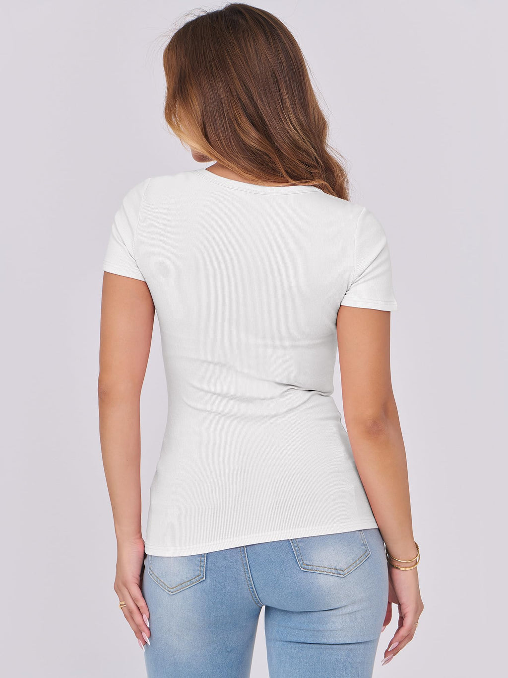 ANRABESS Women Short Sleeve Tops Scoop Neck Ribbed Knit Slim Fitted Basic Tee Shirt Casual Summer Clothes 2026 Spring Outfits White Large