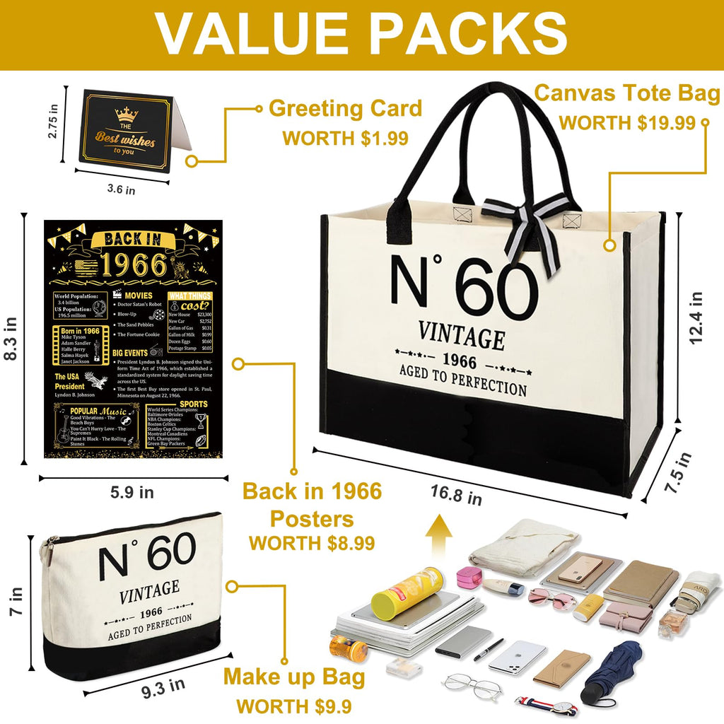 YeohJoy 60th Birthday Gifts for Women Canvas Tote Bag Travel Gear, Unique 60 Years Old Gifts for Wife Mom Sister Aunt Friends Her, Vintage N°60 Handbag & Cosmetic Bag & Back in 1966 Poster