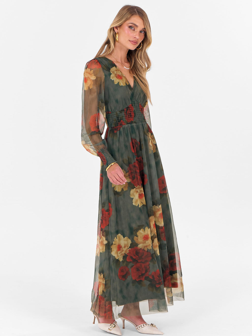 ANRABESS Women's Floral Maxi Dress 2025 Fall V Neck Puff Long Sleeve Flowy Casual Wedding Guest Tea Party Tulle Dresses Red and Yellow Rose M