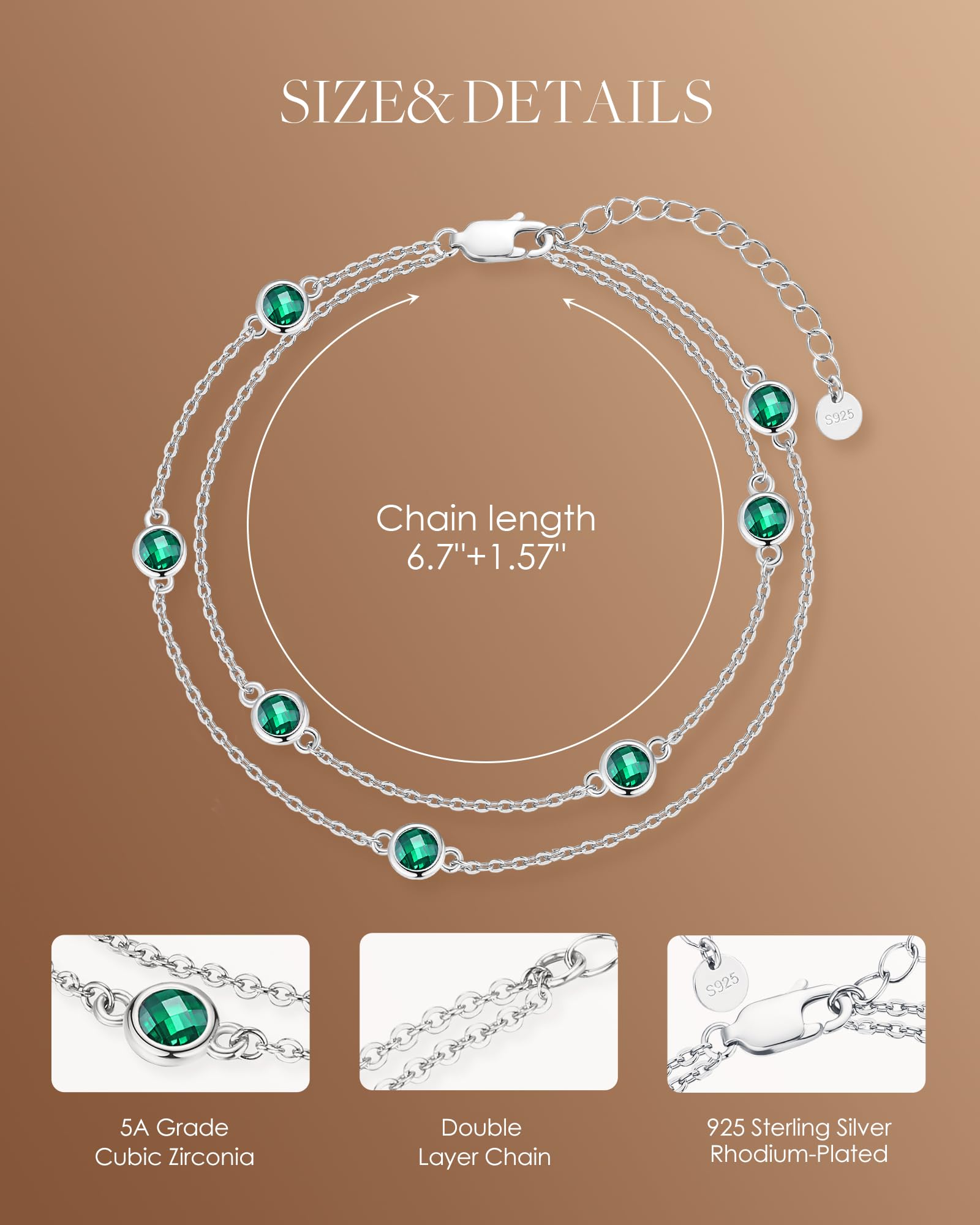 LOUISA SECRET Birthstone Bracelets for Women, 925 Sterling Silver Charm Link Double Strand Bracelet, Birthday Anniversary Christmas Jewelry Gifts for Wife Girlfriend Mother her