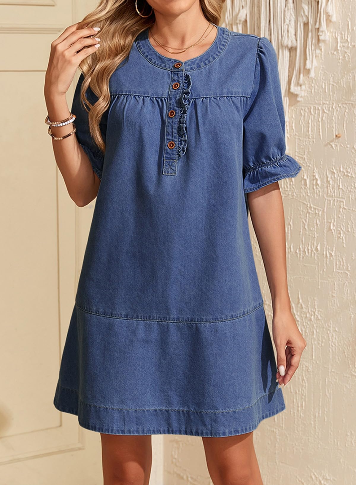 Dokotoo Dresses for Women Casual Summer Short Sleeve Babydoll Denim Dress Ladies Cute Crew Neck Button Front Fashion Mini Jean Dresses Outfits Dark Blue Large
