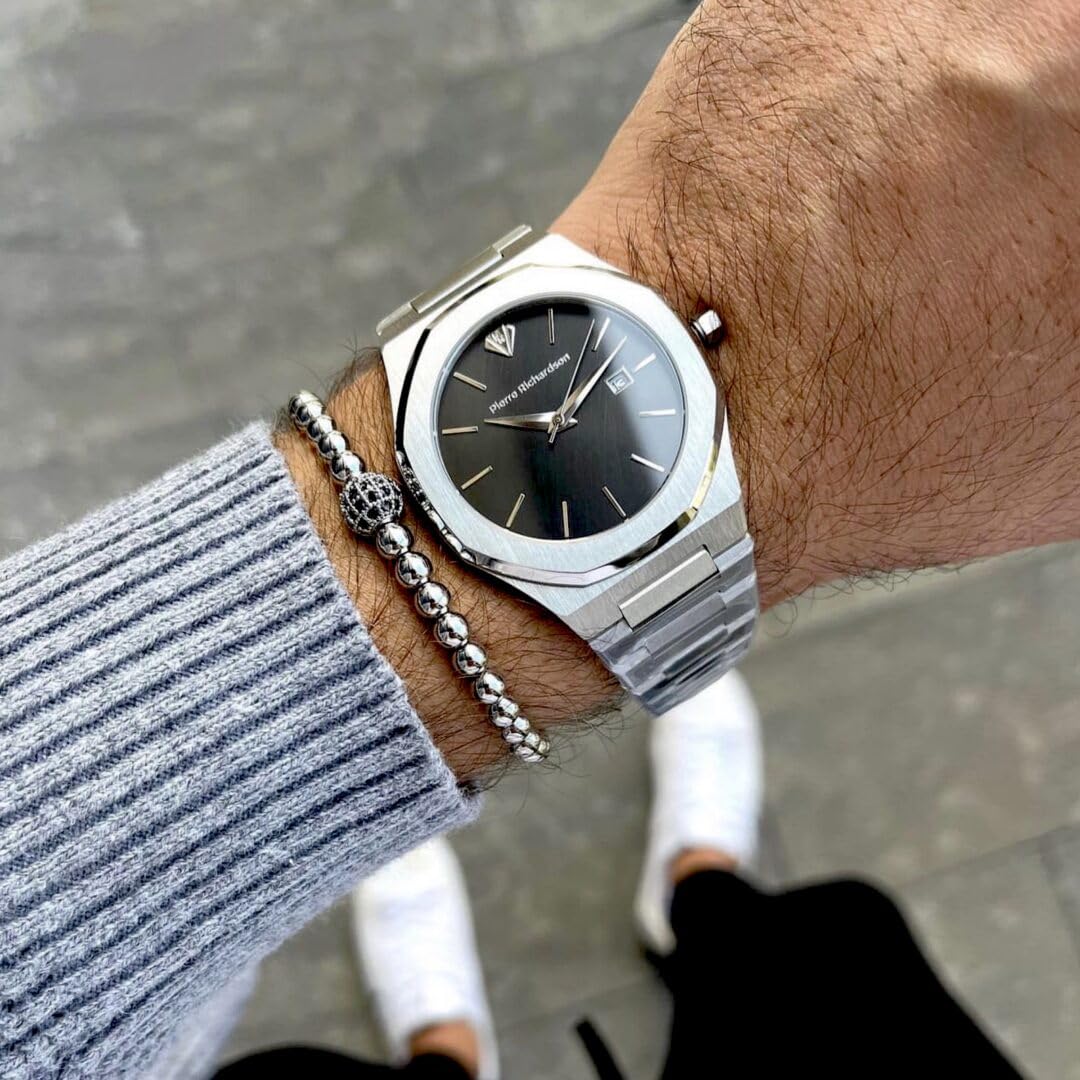 PIERRE RICHARDSON PR5422 Men’s Luxury Watch – Japanese Quartz Movement, Silver Stainless Steel, 41mm, 5ATM Water Resistant, Scratch-Resistant Sapphire Crystal Glass – Classic Dress Watch for Men
