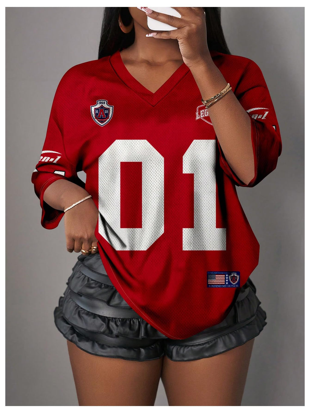 WDIRARA Women's Oversized Jersey Shirts Number Graphic Tee V Neck Half Sleeve T-Shirt Tops Red X-Large