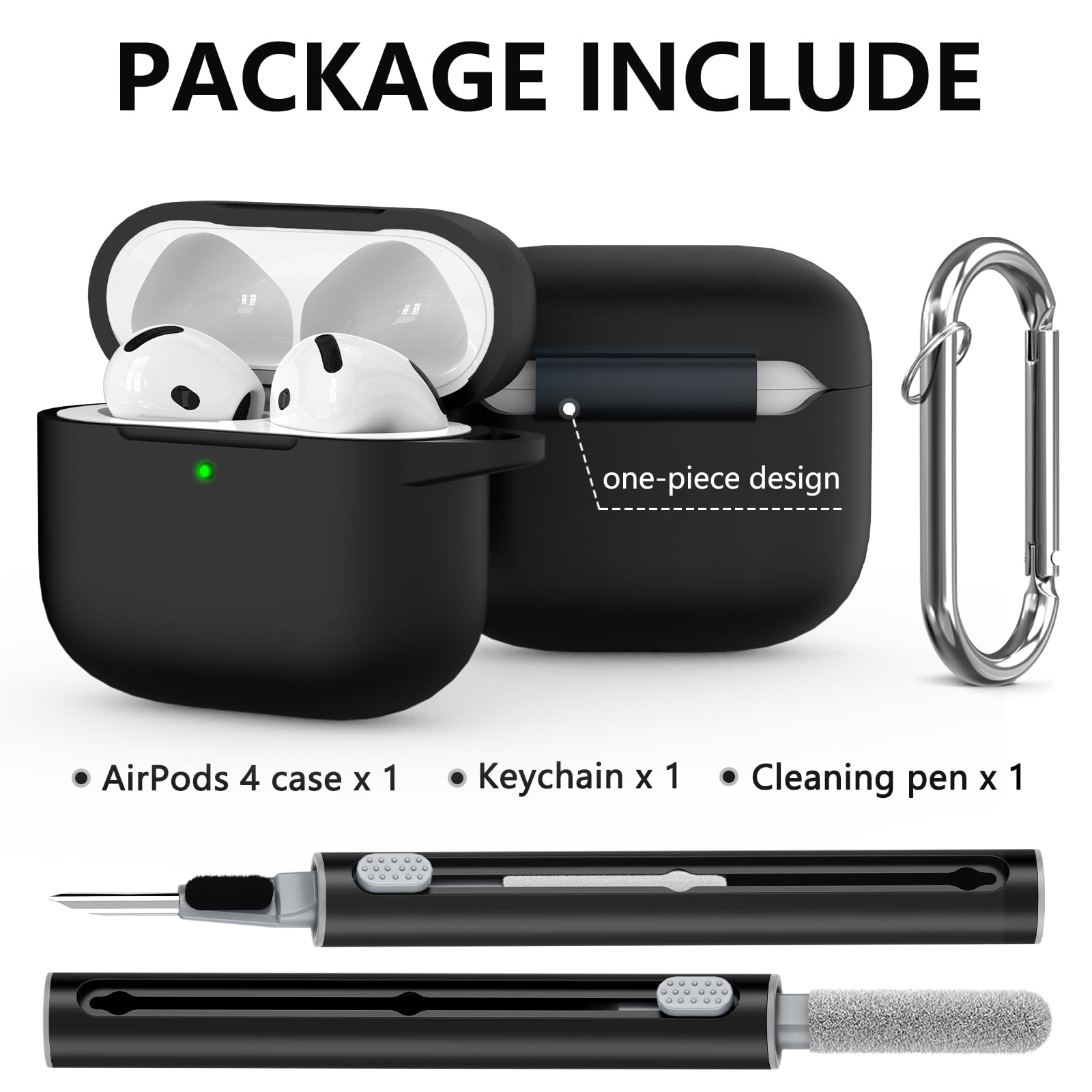 Ljusmicker for AirPods 4 Case 2024 with Cleaner Kit,Soft Silicone Protective Cover for Apple AirPods 4th Generation Cases for Women Men,AirPod 4 Case Accessories with Keychain-Black