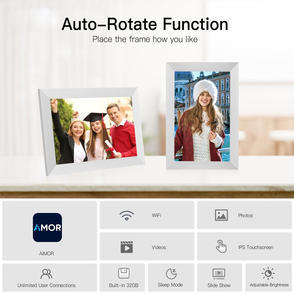 Anna Bella Digital Picture Frame 10.1 Inch IPS HD Touch Screen WiFi Smart Digital Photo Frame with 32GB Storage, Auto-Rotate, Easy Setup to Share Photos or Videos Remotely via AiMOR APP White