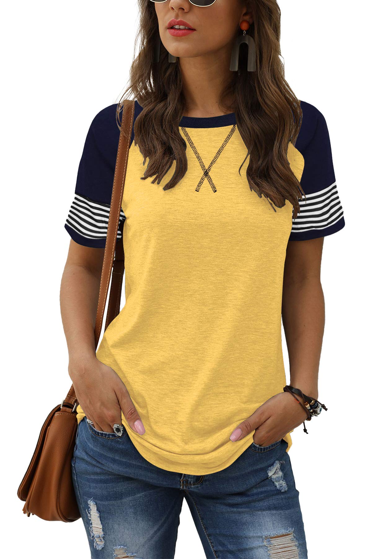 Adibosy Women Summer Casual Shirts: Short Sleeve Striped Tunic Tops - Womens Color Block Tee Tshirt Blouses Yellow L