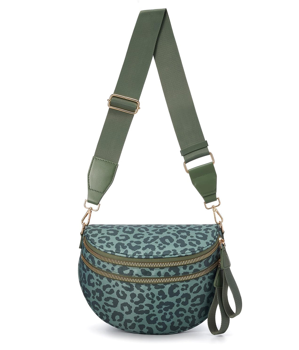FEIBOON Spacious Nylon Crossbody Bag Bum Bag Handbags Wallets Purses Trendy Shoulder Bag for Women (Bean Green Leopard)