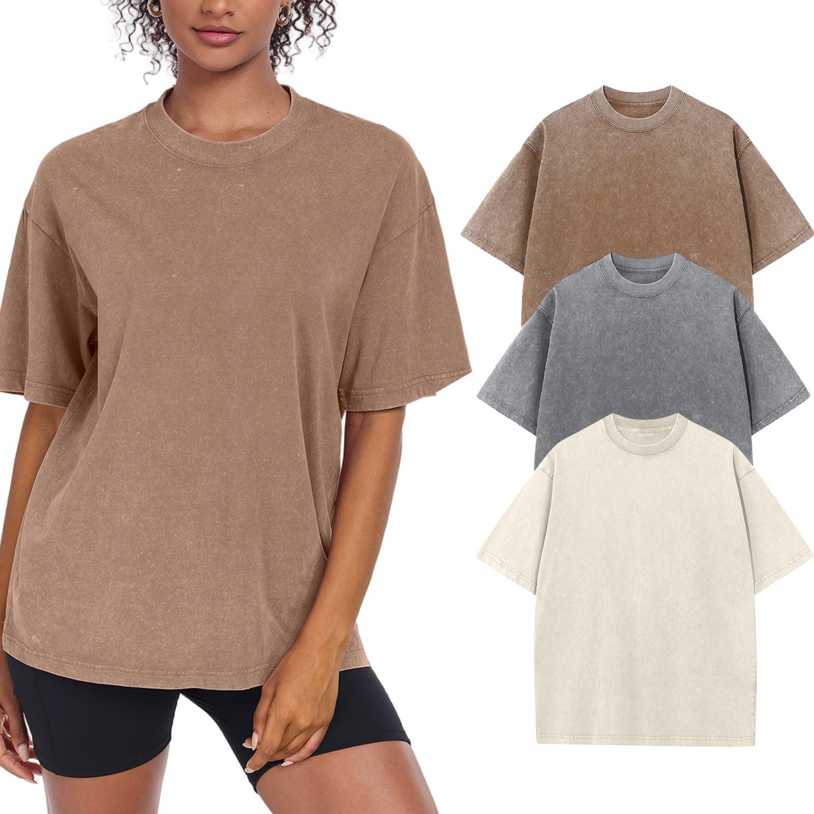 3 Pack Womens Washed Vintage Oversized T-Shirt Baggy Workout Tops Short Sleeve Cotton Tshirts Streetwear Boyfriend Tee(W-BGCFGY,s)