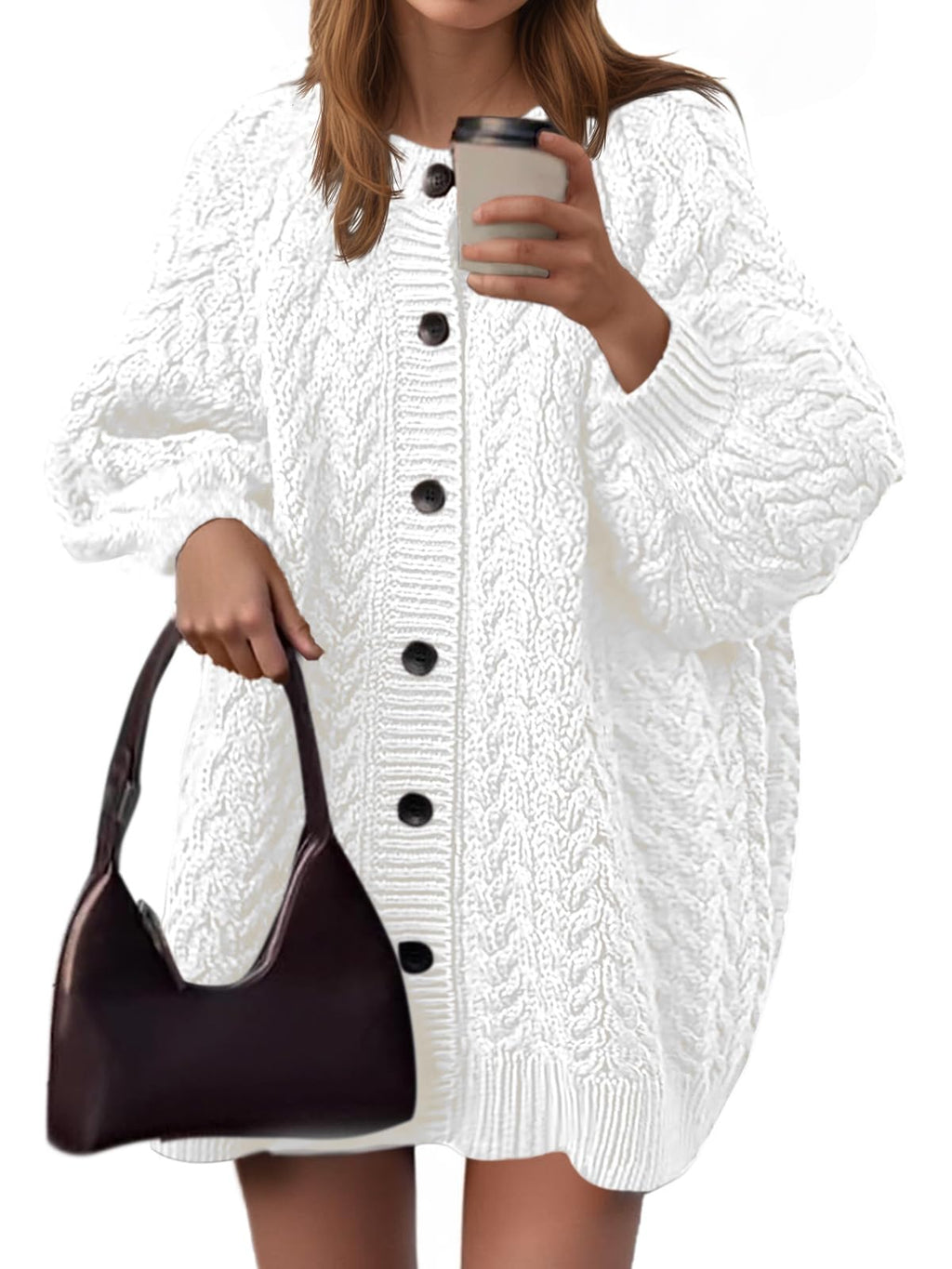 Saodimallsu Womens Cable Knit Cardigans Oversized Chunky Button Down Long Lantern Sleeve Crew Neck Warm Sweater Dress White