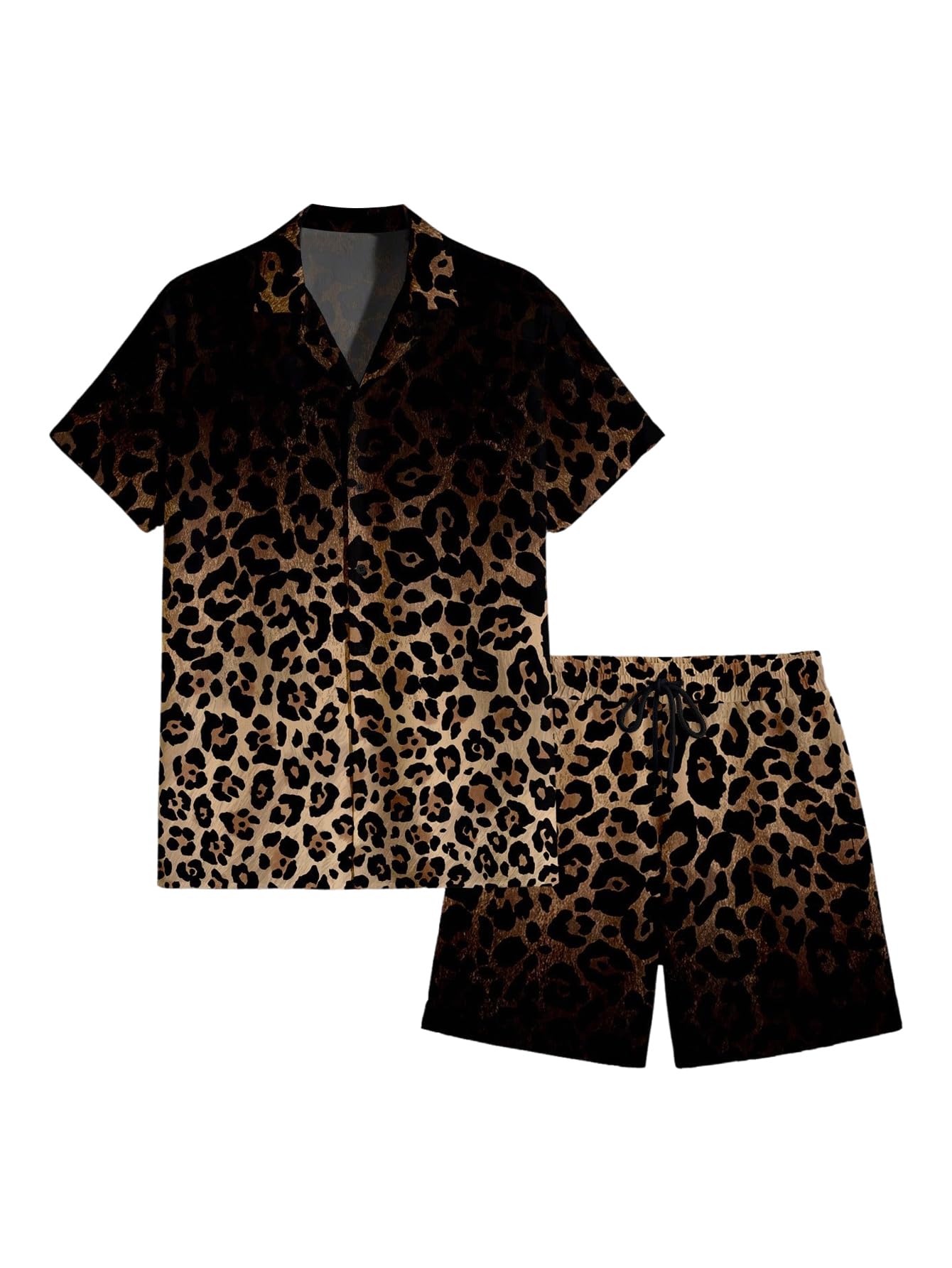 WDIRARA Men's 2 Piece Leopard Print Outfit Button Up Collared Short Sleeve Shirt and Drawstring Waist Shorts Black and Brown Large