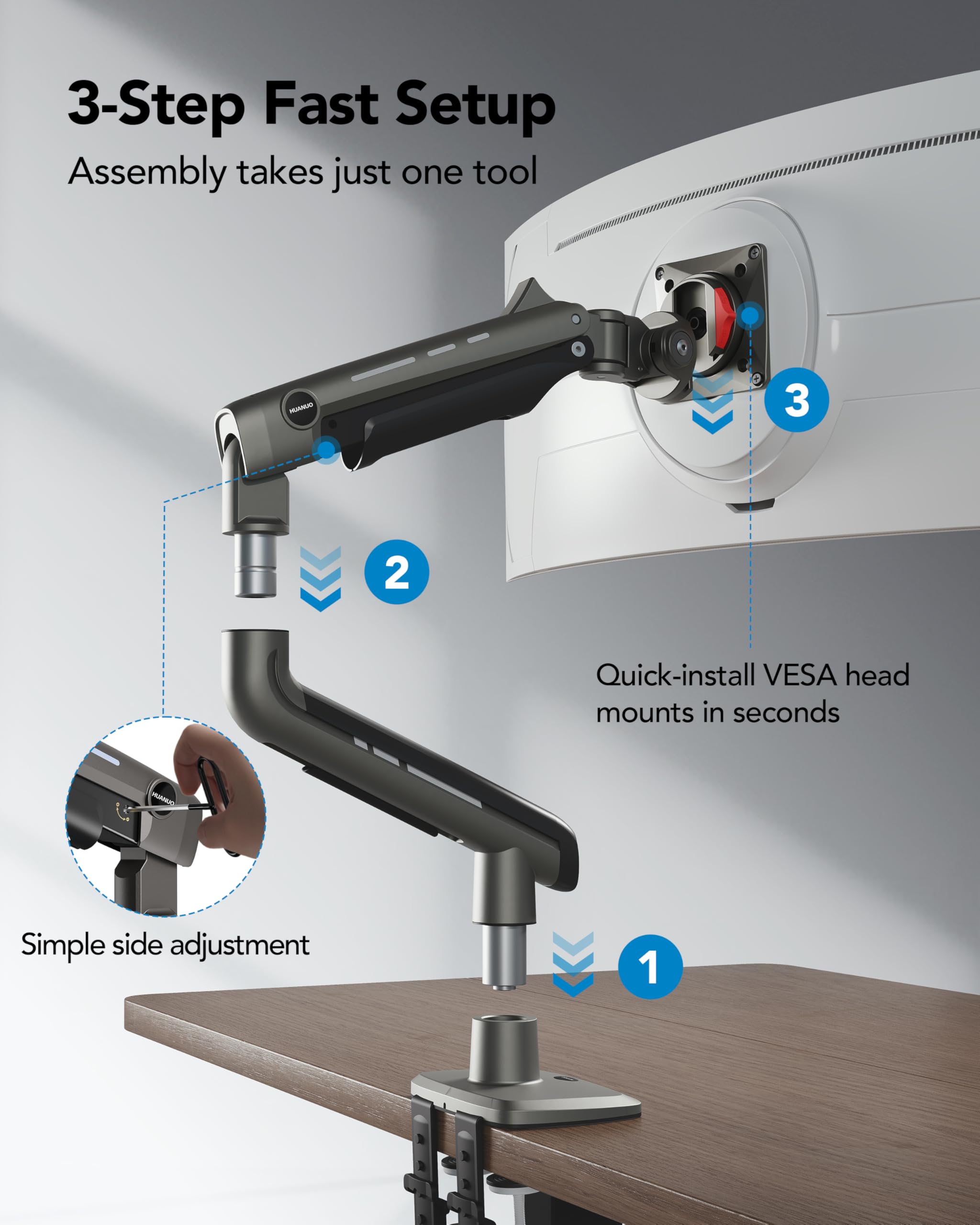 HUANUO TitanLift Heavy Duty Monitor Arm for Screens up to 49", Holds 44 lbs, Aluminum Ultrawide Screen Desk Mount, Fully Adjustable Single Gaming Monitor Mount with Dual C-Clamp, Max VESA 100x100mm