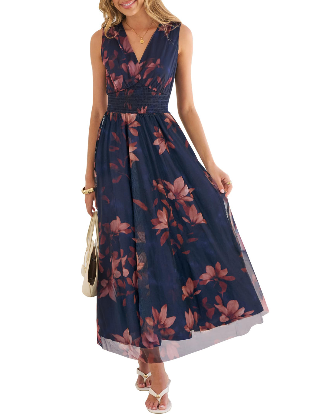 ANRABESS Womens Summer Floral Dress V Neck Sleeveless A Line Wedding Guest Maxi Tulle Dresses Casual Beach Vacation Clothes Brown Beige Floral X-Large